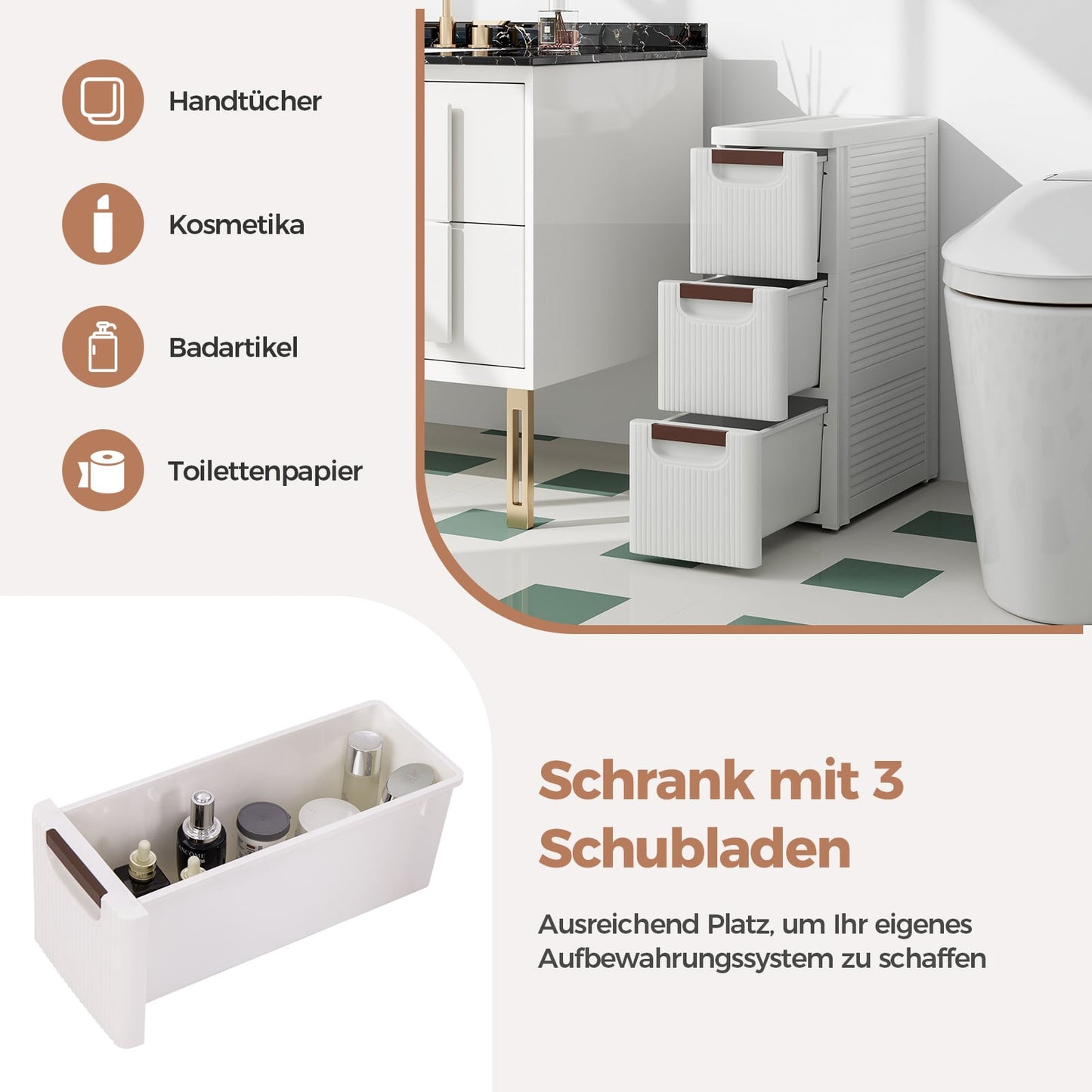 Slim Storage Cart with Wheels, 3 Drawers, White, PP Material
