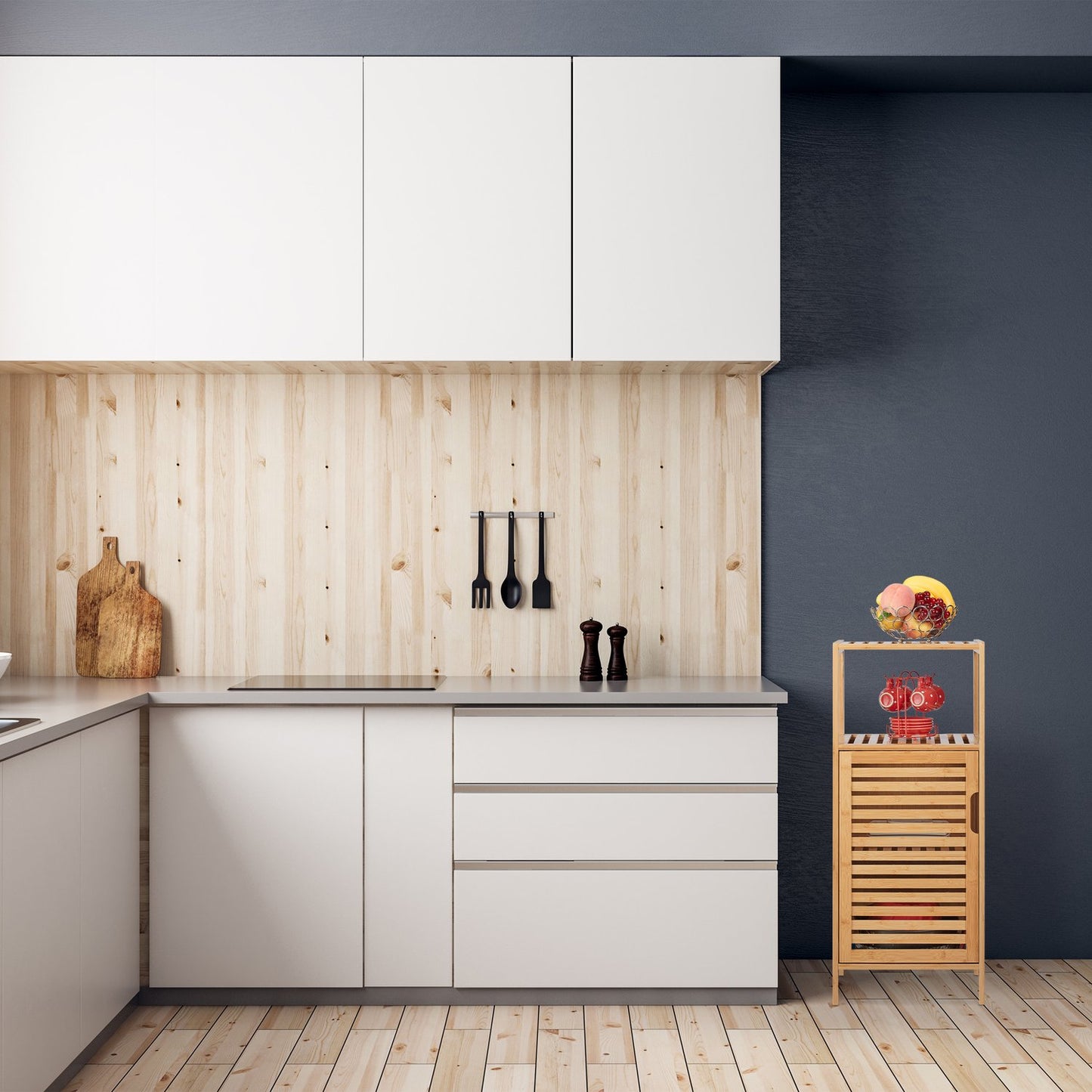 Slim bathroom cabinet made of bamboo