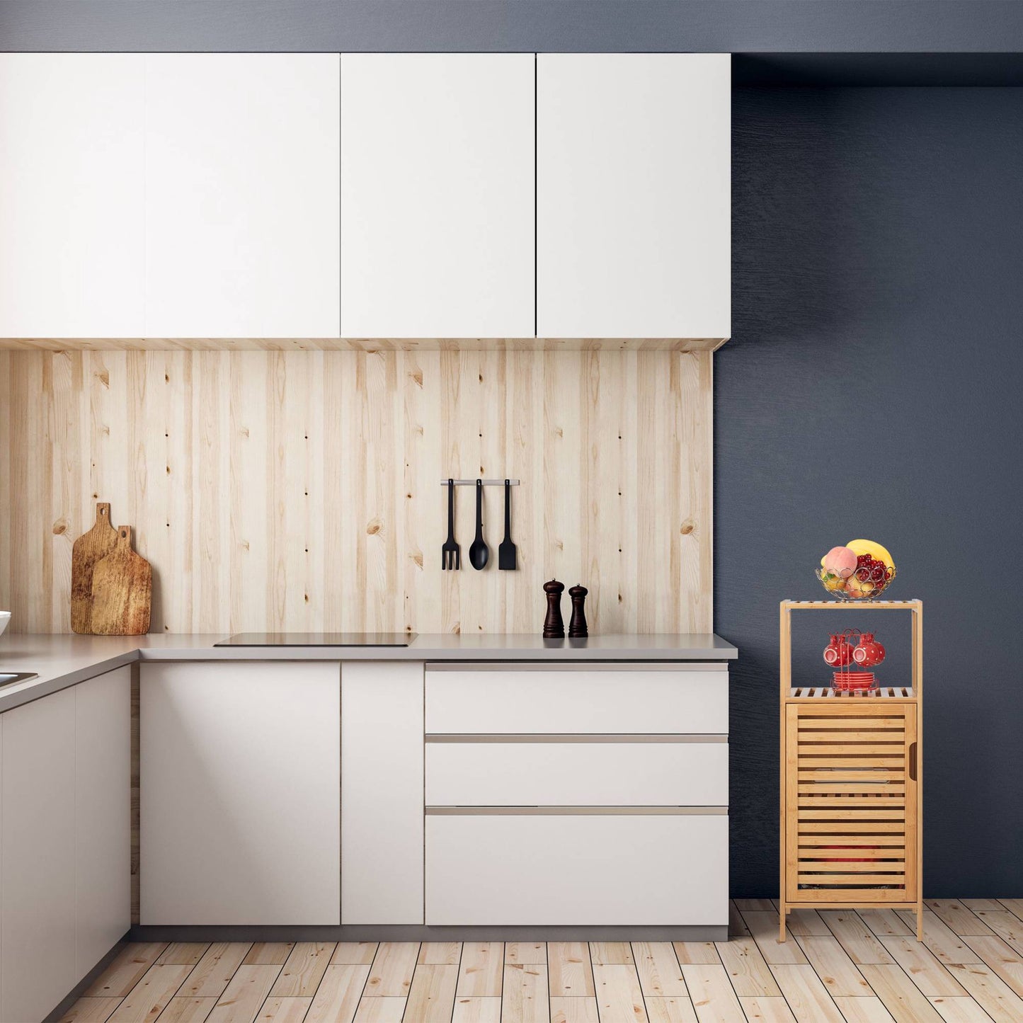 Slim bathroom cabinet made of bamboo
