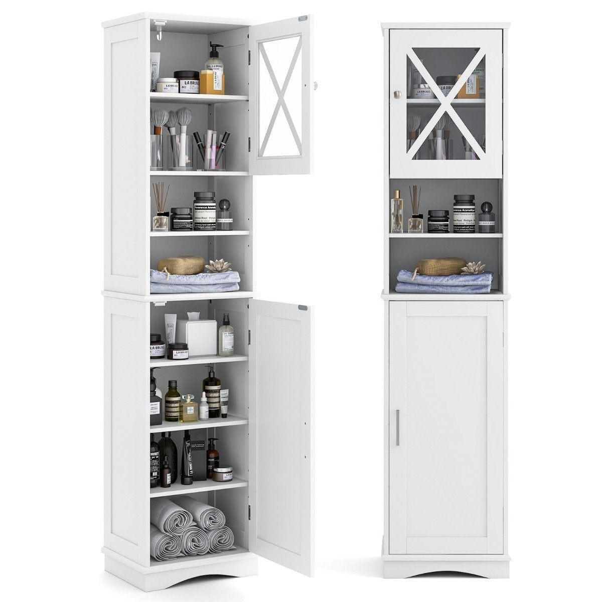 Slim bathroom cabinet with 5 adjustable shelves & 2 doors, freestanding tall cabinet, white