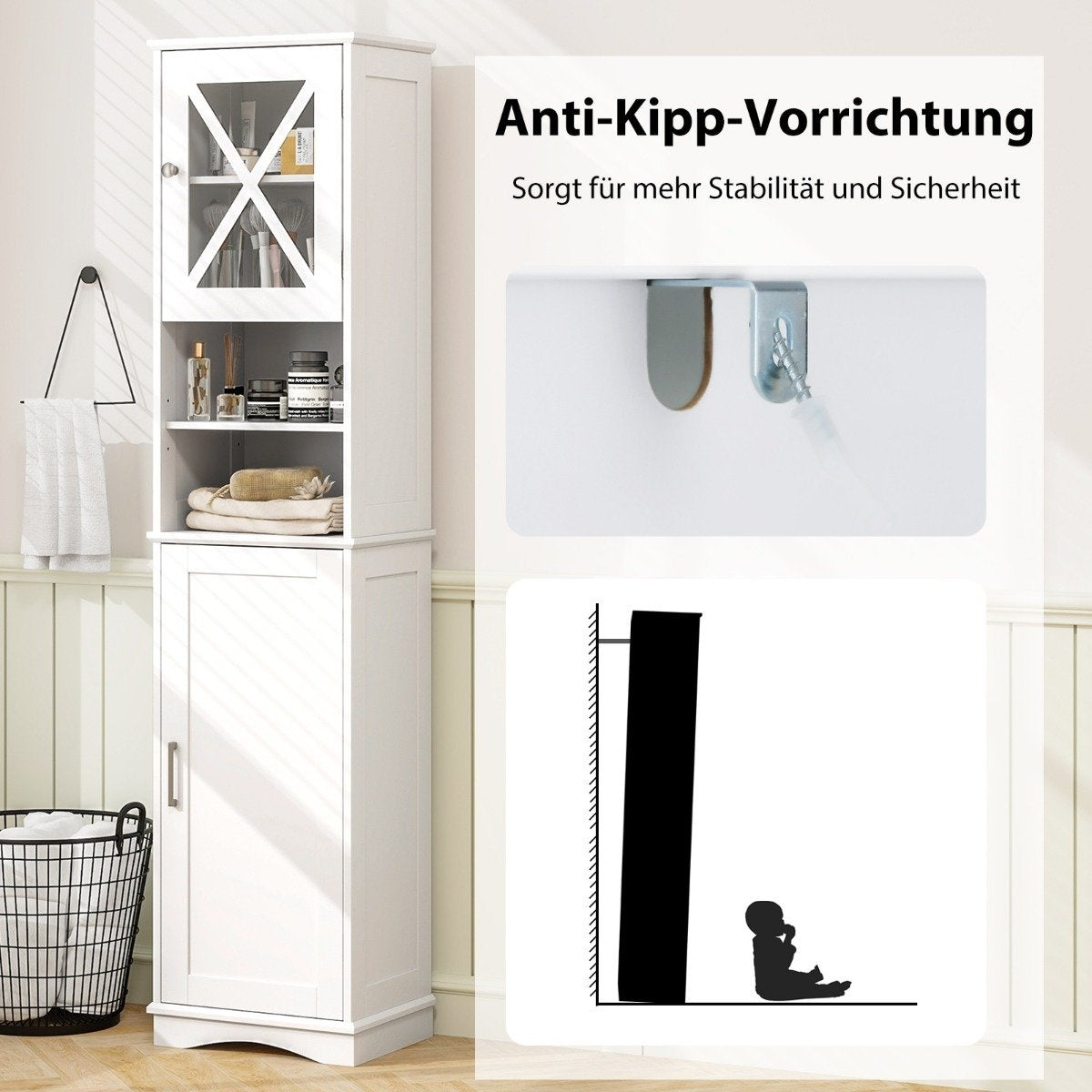Slim bathroom cabinet with 5 adjustable shelves & 2 doors, freestanding tall cabinet, white