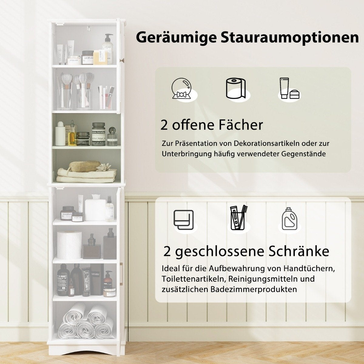 Slim bathroom cabinet with 5 adjustable shelves & 2 doors, freestanding tall cabinet, white