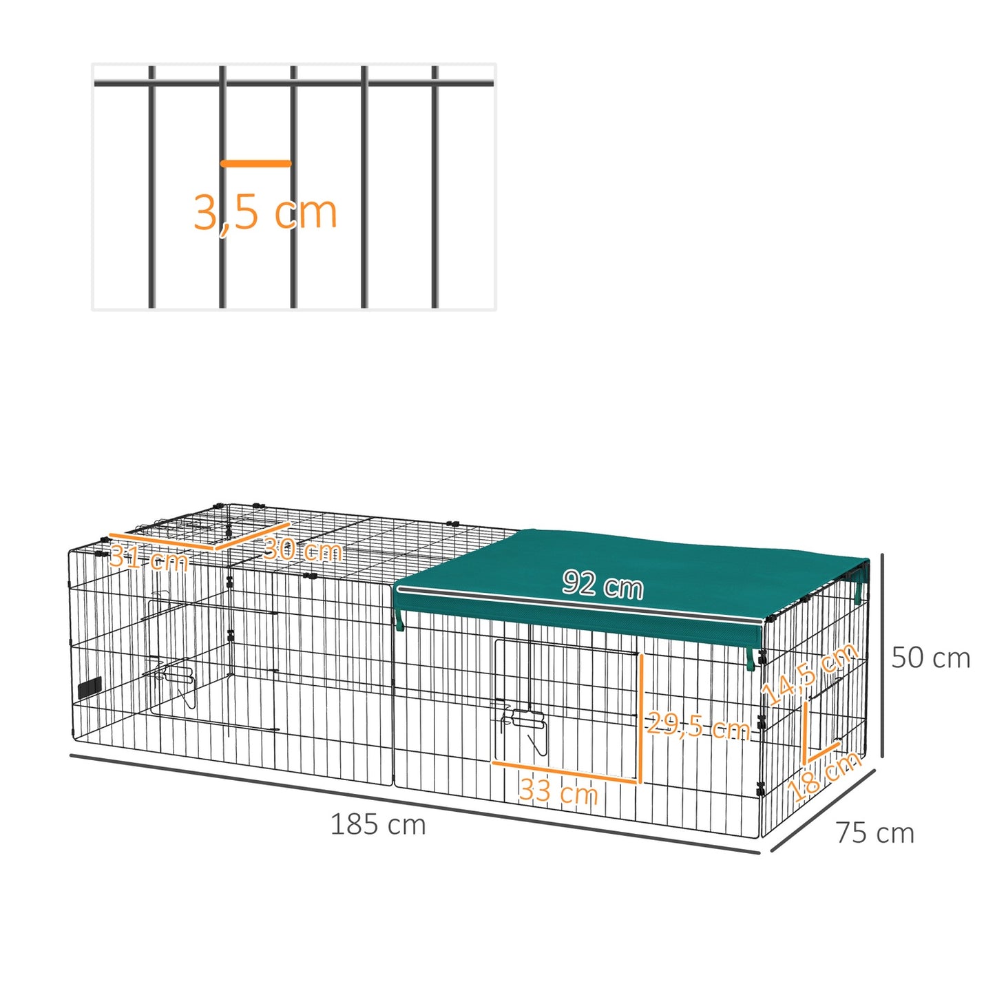 Outdoor pet cage with roof, 5 doors, green