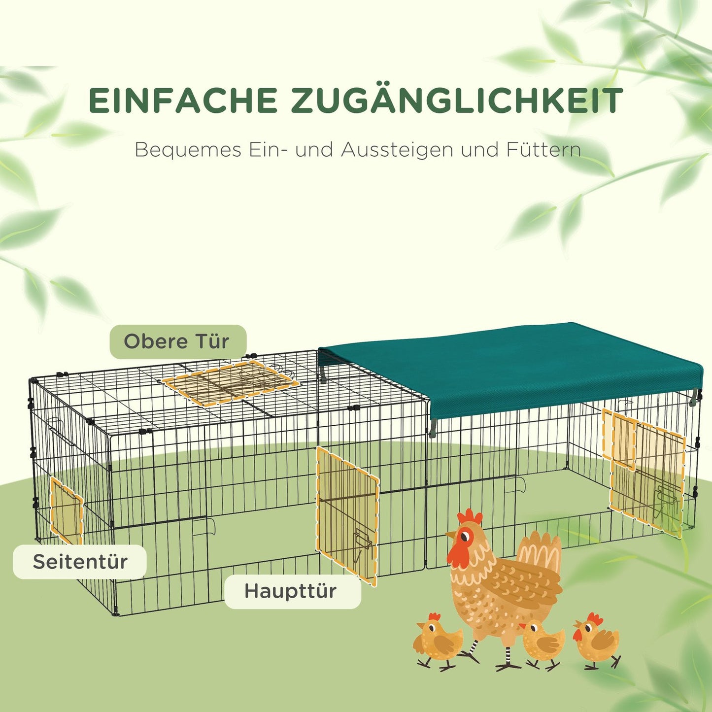 Outdoor pet cage with roof, 5 doors, green