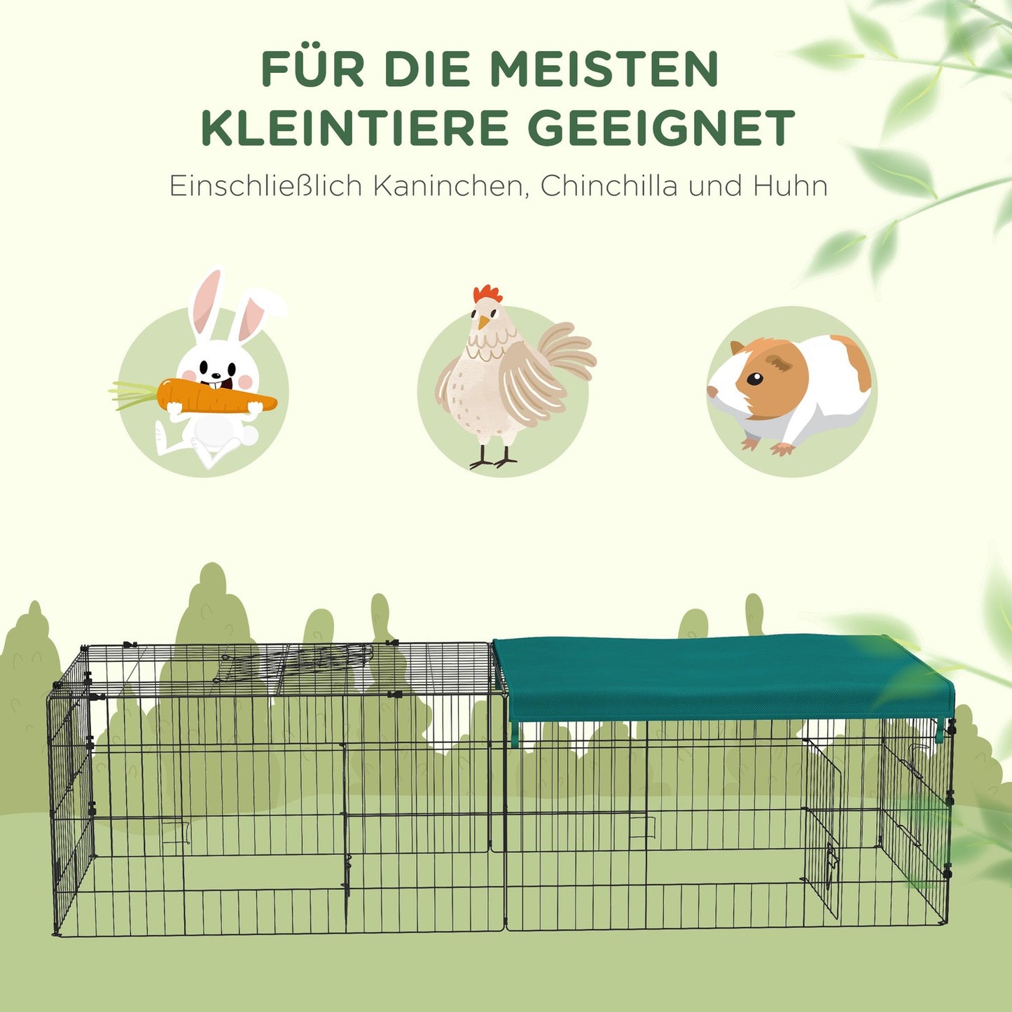 Outdoor pet cage with roof, 5 doors, green