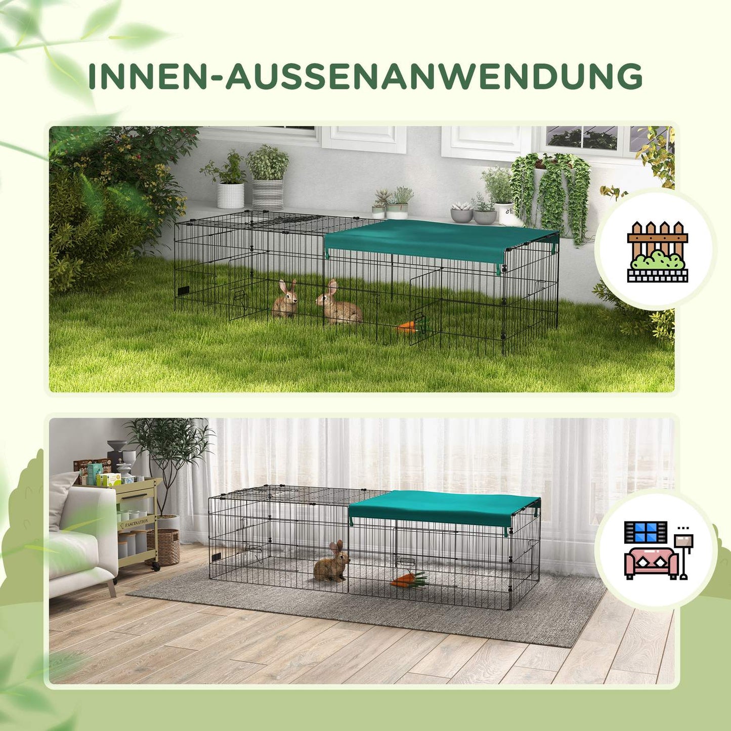 Outdoor pet cage with roof, 5 doors, green
