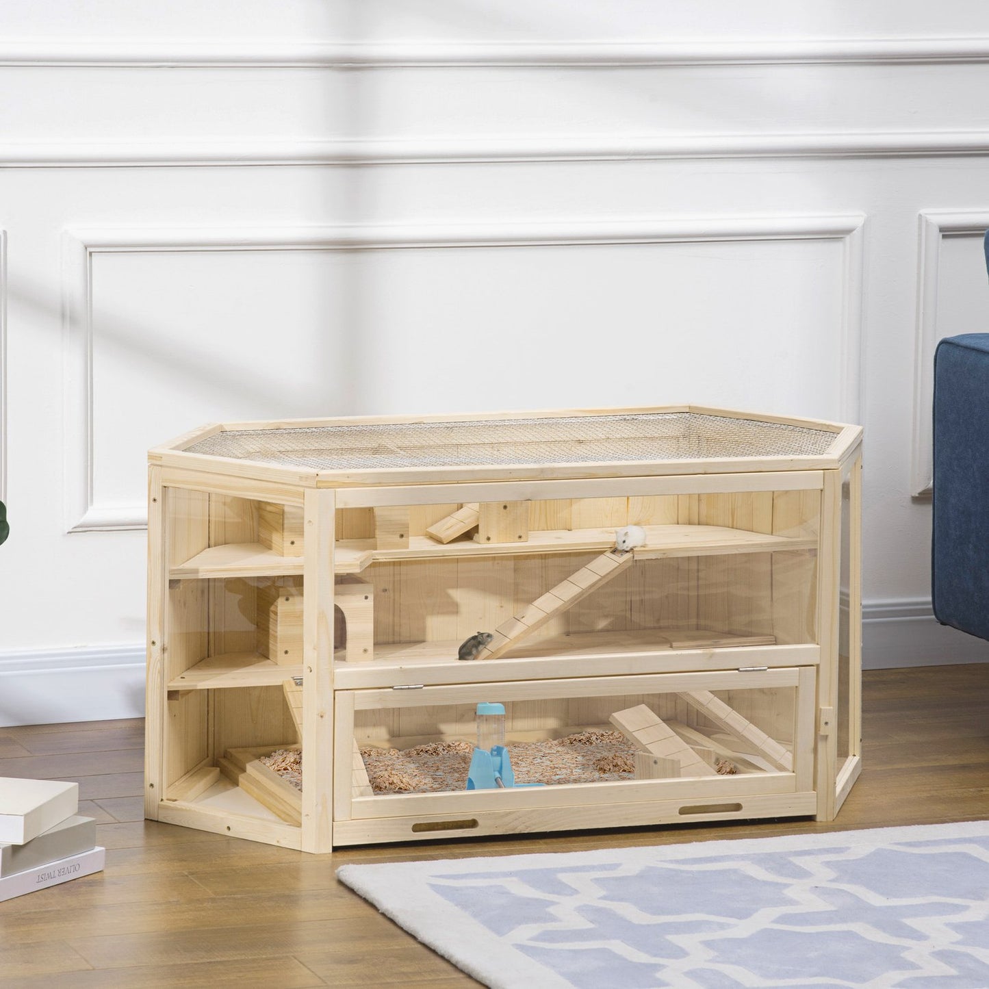 Small animal cage with ramp, spruce wood, 115x60x55 cm