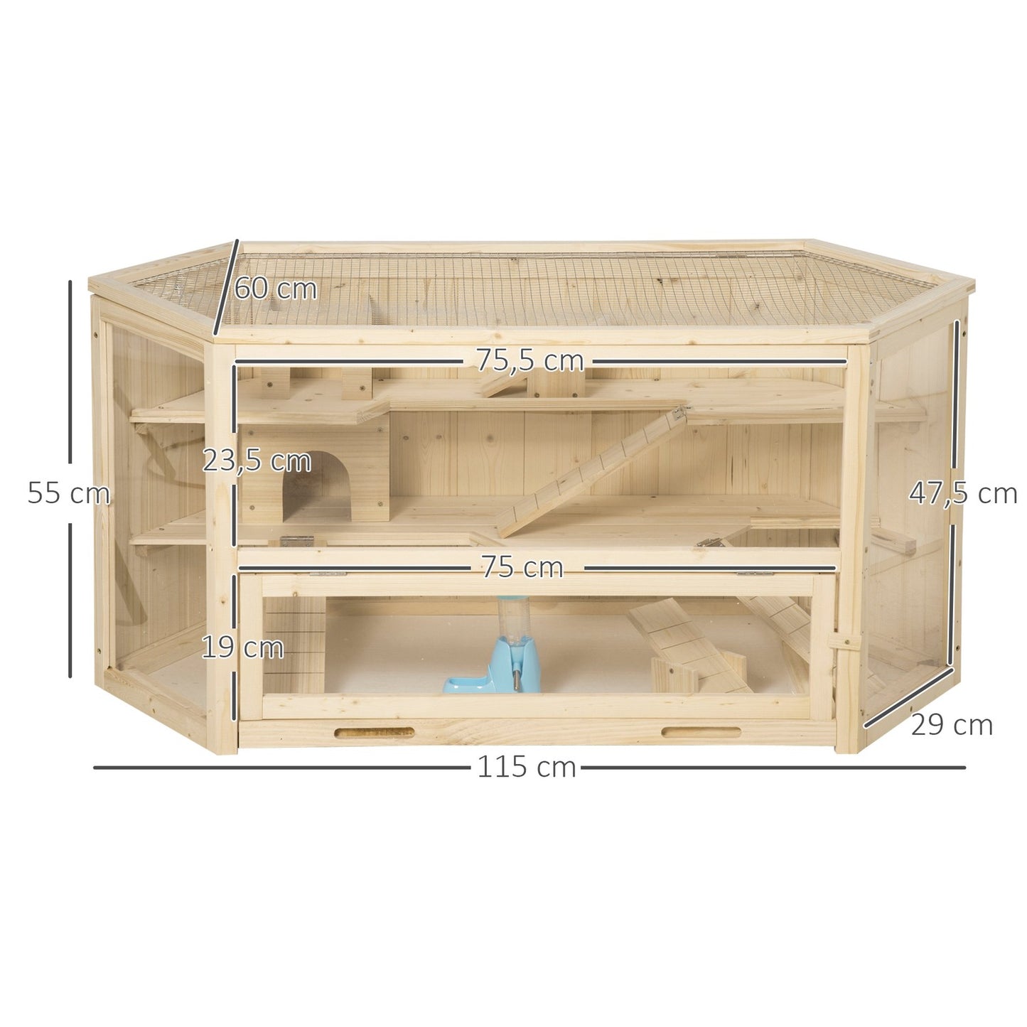 Small animal cage with ramp, spruce wood, 115x60x55 cm