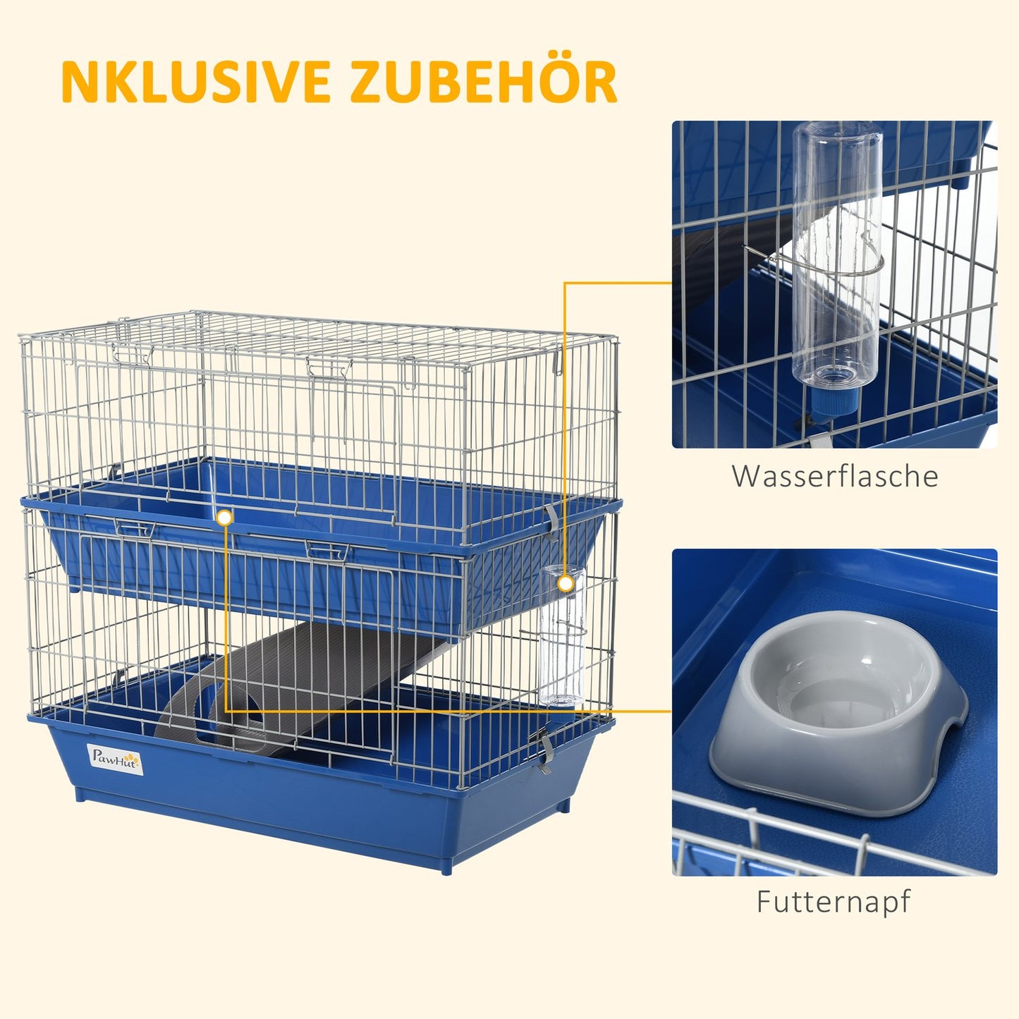 Two-story small animal cage with accessories, blue/grey