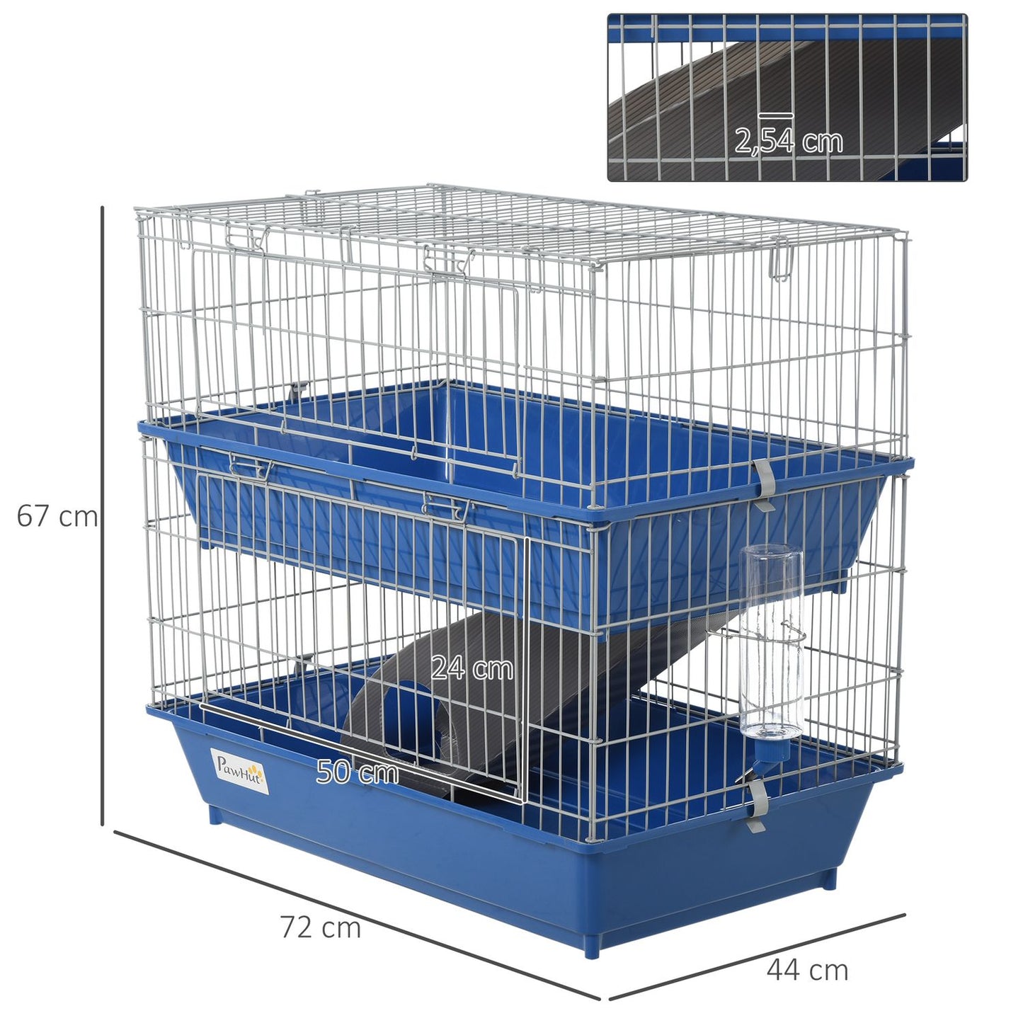 Two-story small animal cage with accessories, blue/grey