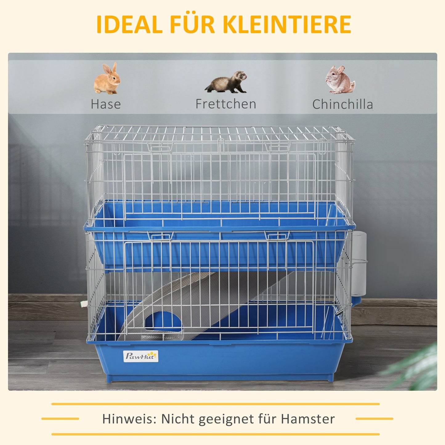 Two-story small animal cage with accessories, blue/grey