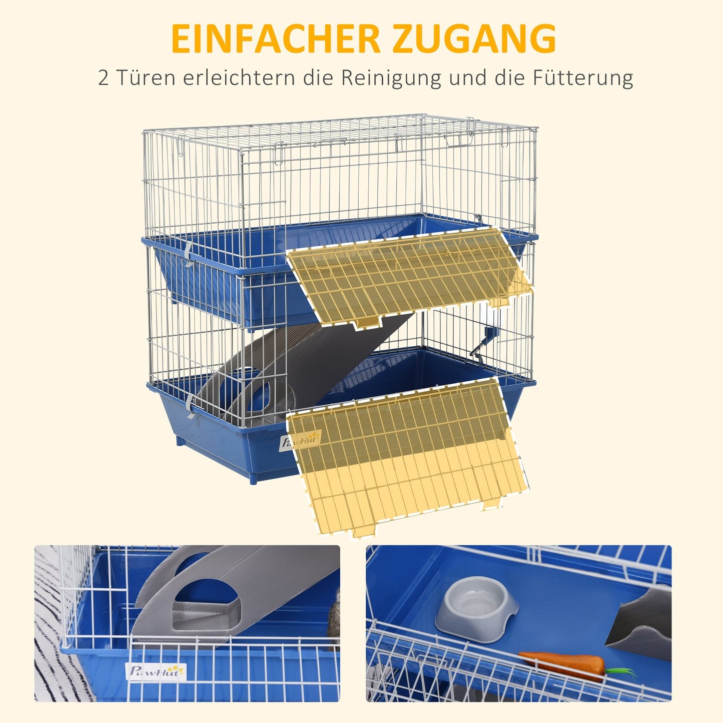 Two-story small animal cage with accessories, blue/grey