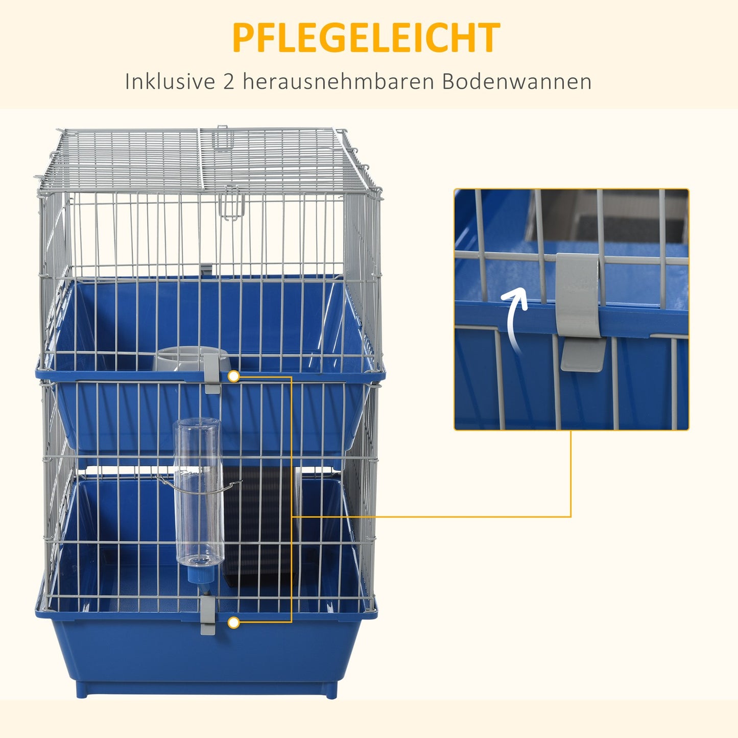 Two-story small animal cage with accessories, blue/grey