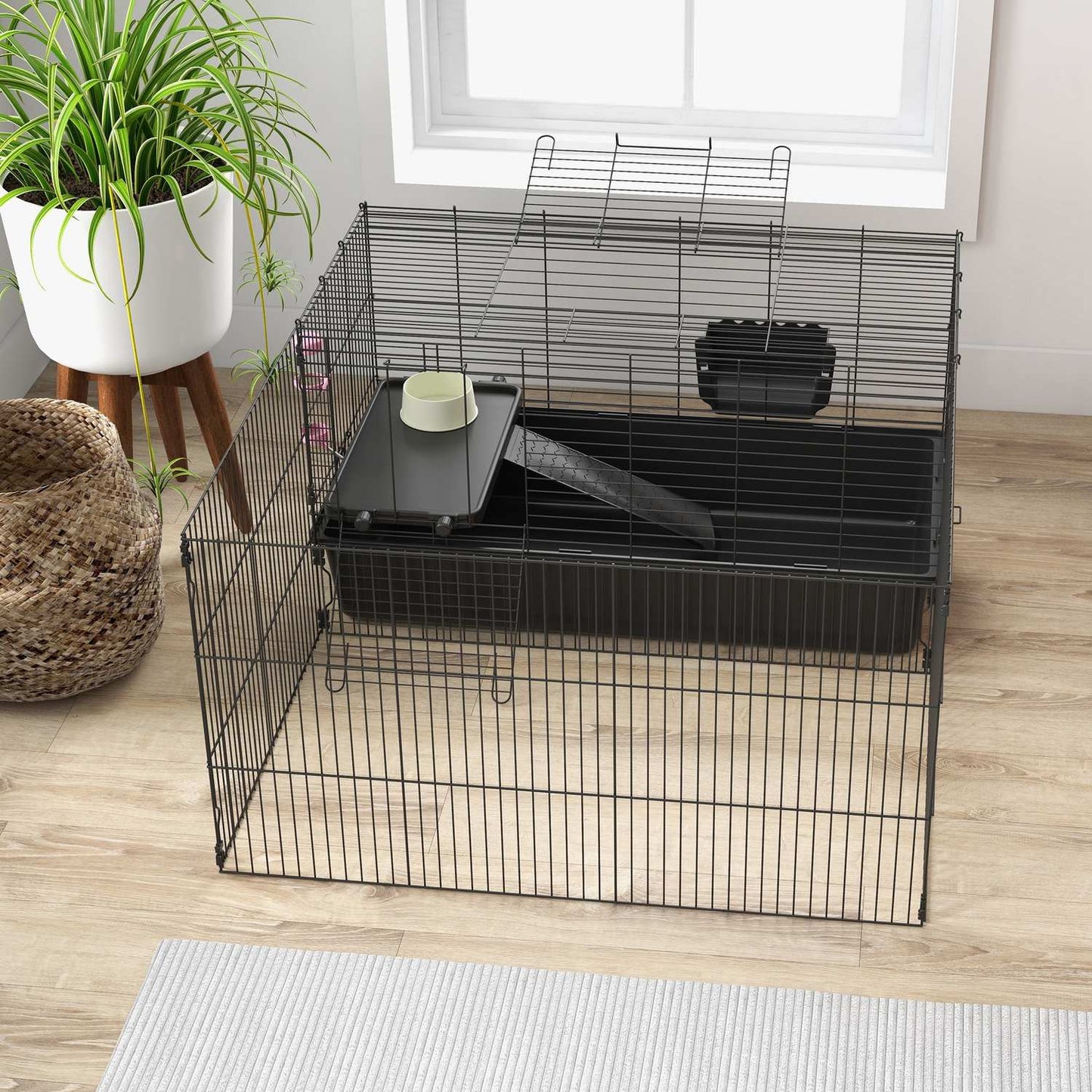 Small pet cage - steel, black, includes water bottle and bowl