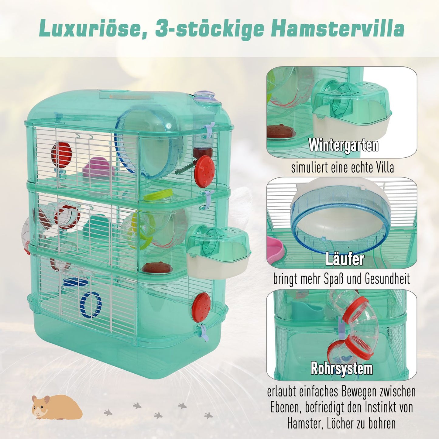 Green pet cage - Includes wheels, bowl and bottle, 40.5x28x55 cm