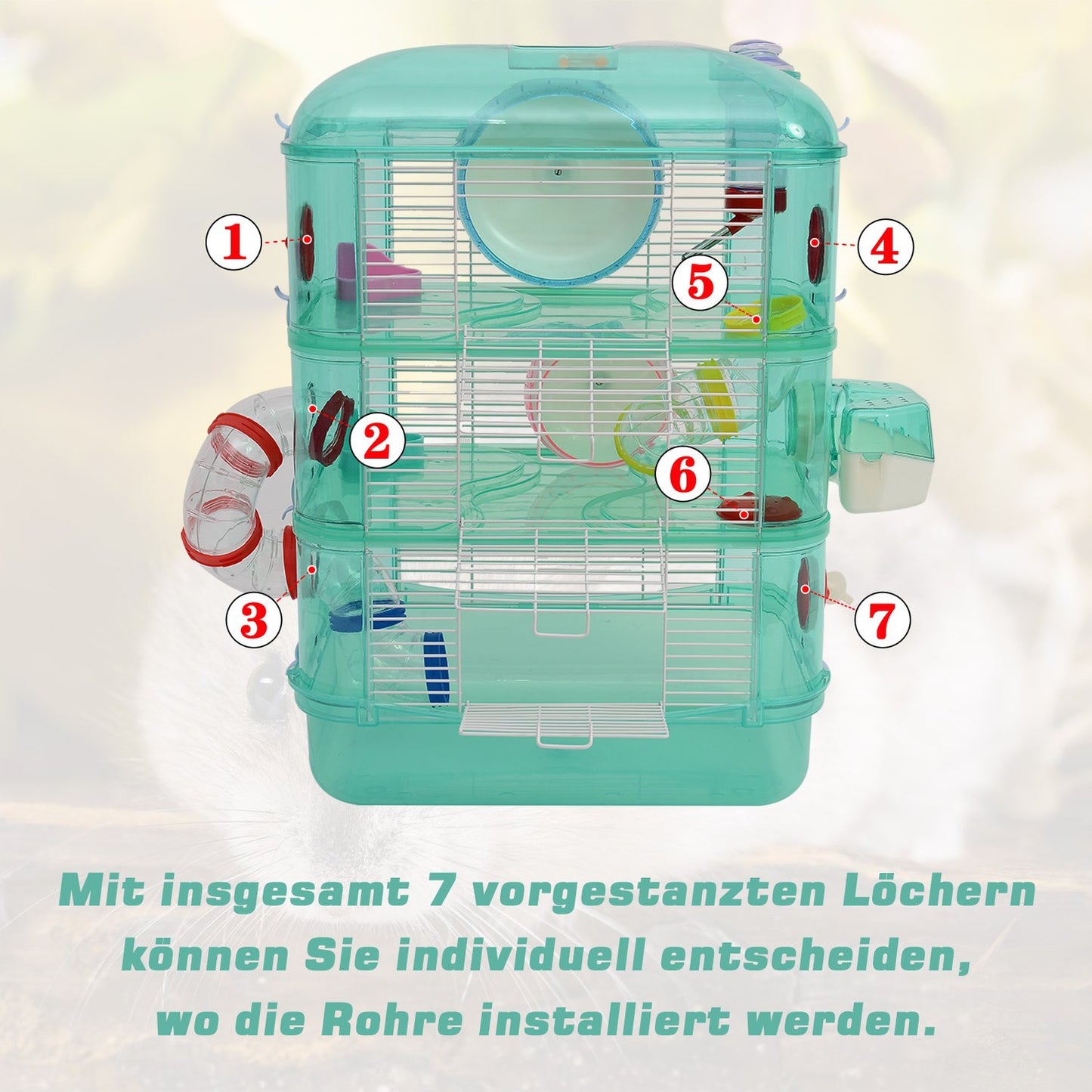 Green pet cage - Includes wheels, bowl and bottle, 40.5x28x55 cm
