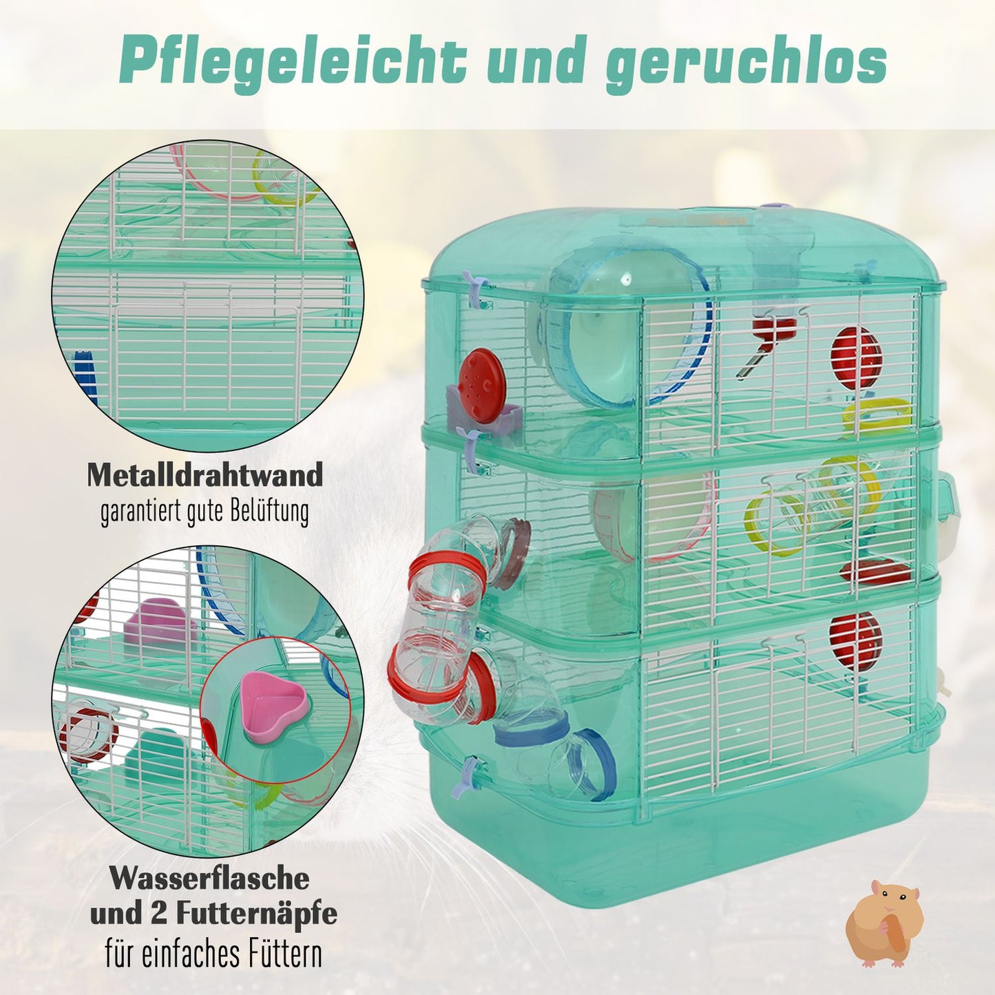 Green pet cage - Includes wheels, bowl and bottle, 40.5x28x55 cm