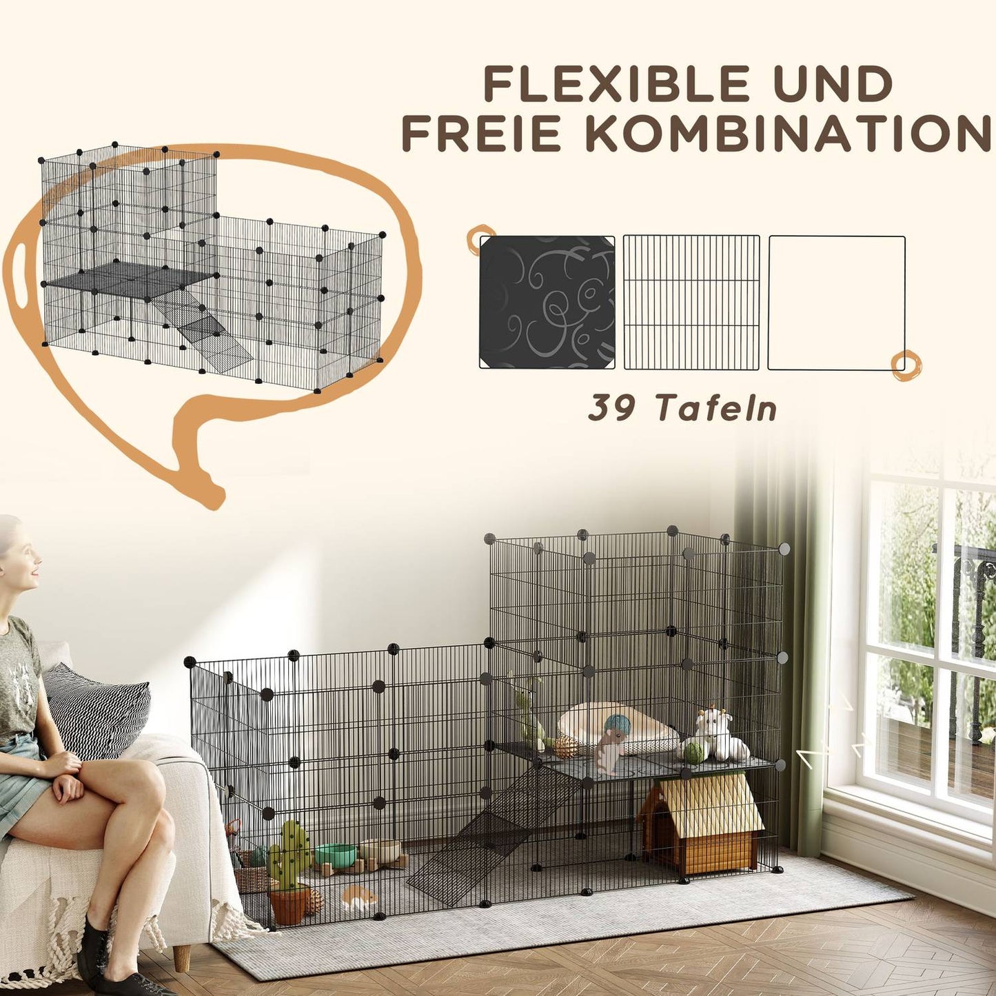 Outdoor small animal cage with ramp, 39 panels, 140x70x105 cm