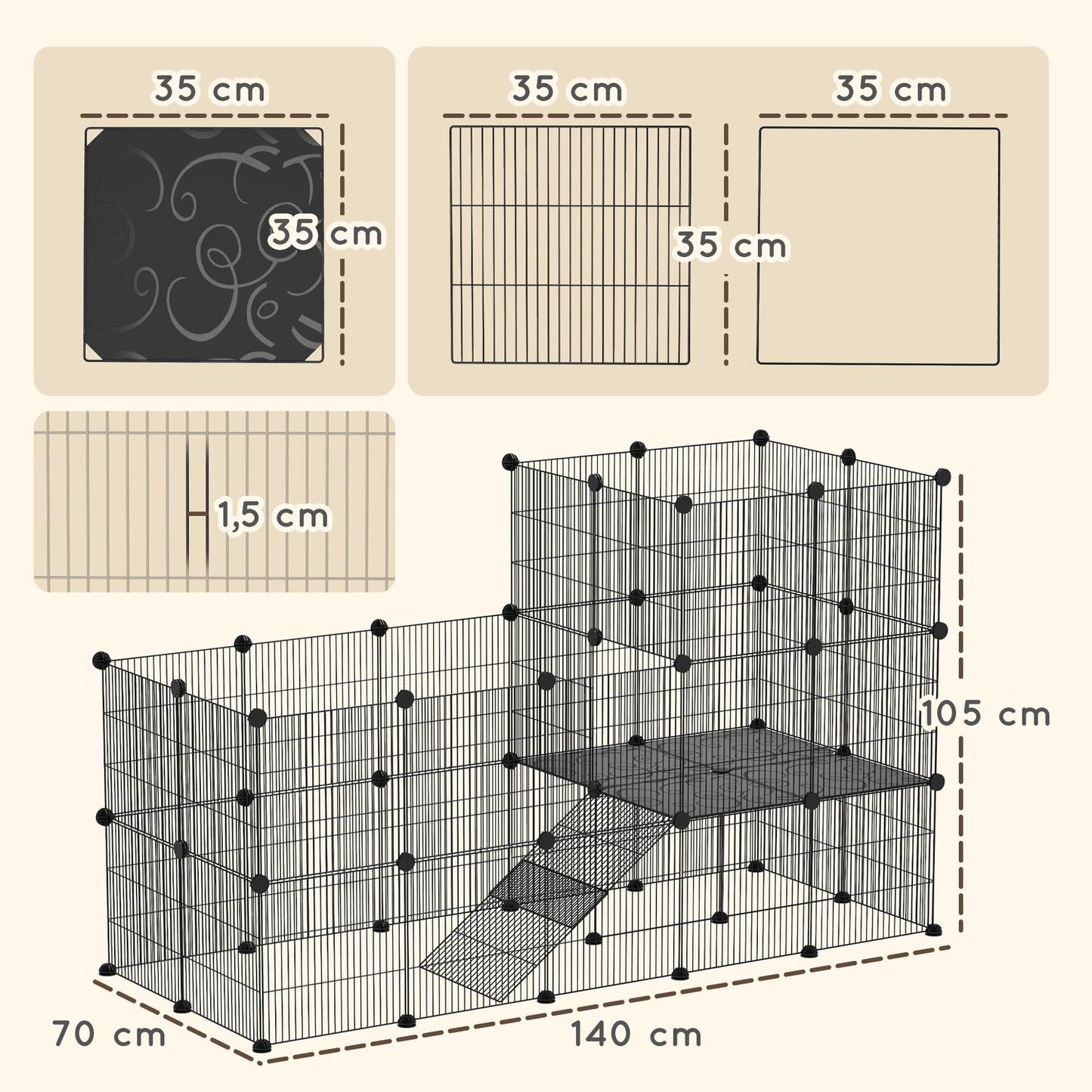 Outdoor small animal cage with ramp, 39 panels, 140x70x105 cm