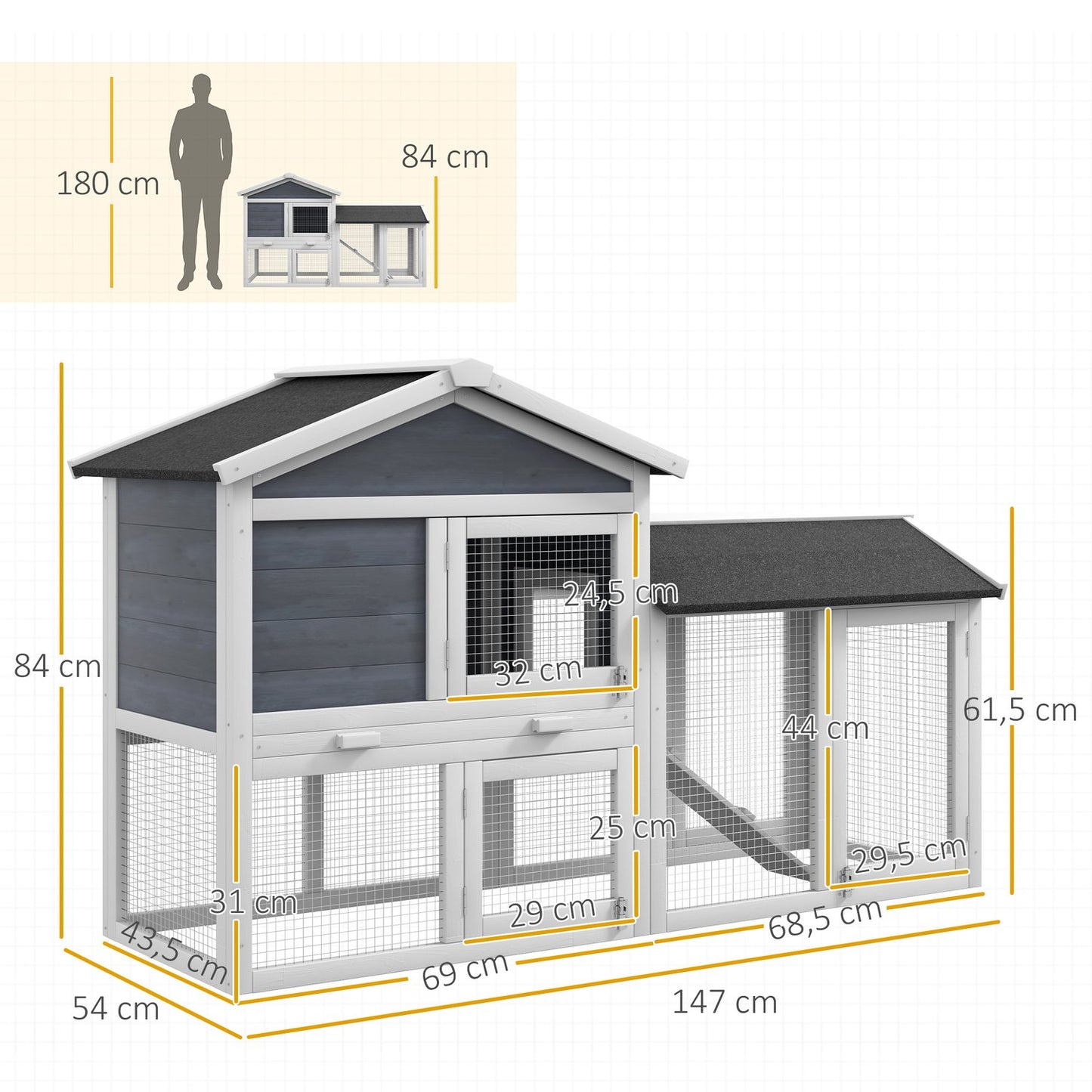 Small Animal Hutch with Run, Fir Wood, 147 x 54 x 84 cm, Gray