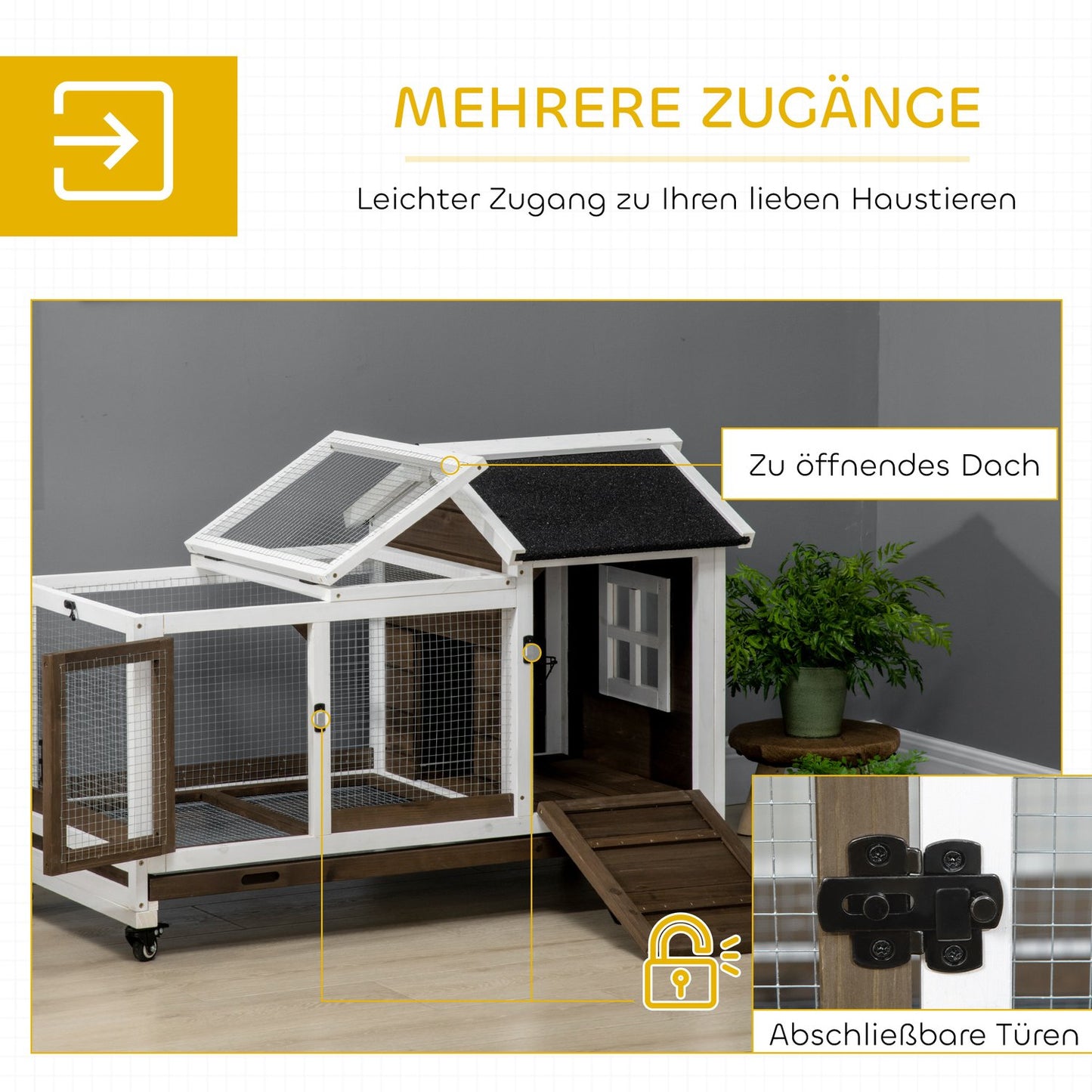 Small Animal Hutch with Wheels, 108 x 58 x 73.5 cm