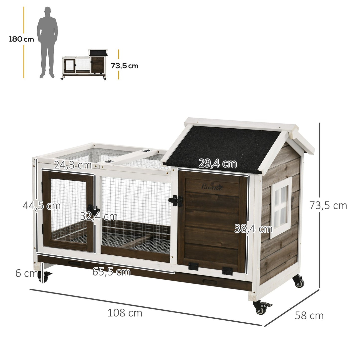 Small Animal Hutch with Wheels, 108 x 58 x 73.5 cm