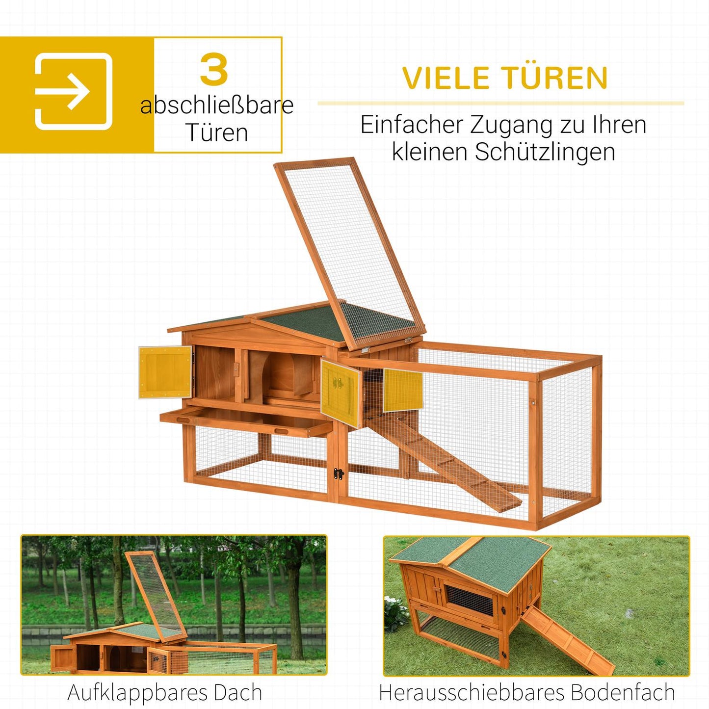 Small animal house, spruce wood, with roof & tray, 156x58x68 cm