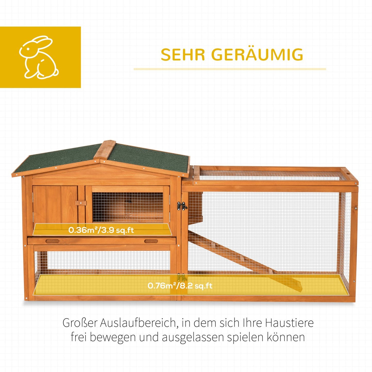 Small animal house, spruce wood, with roof & tray, 156x58x68 cm