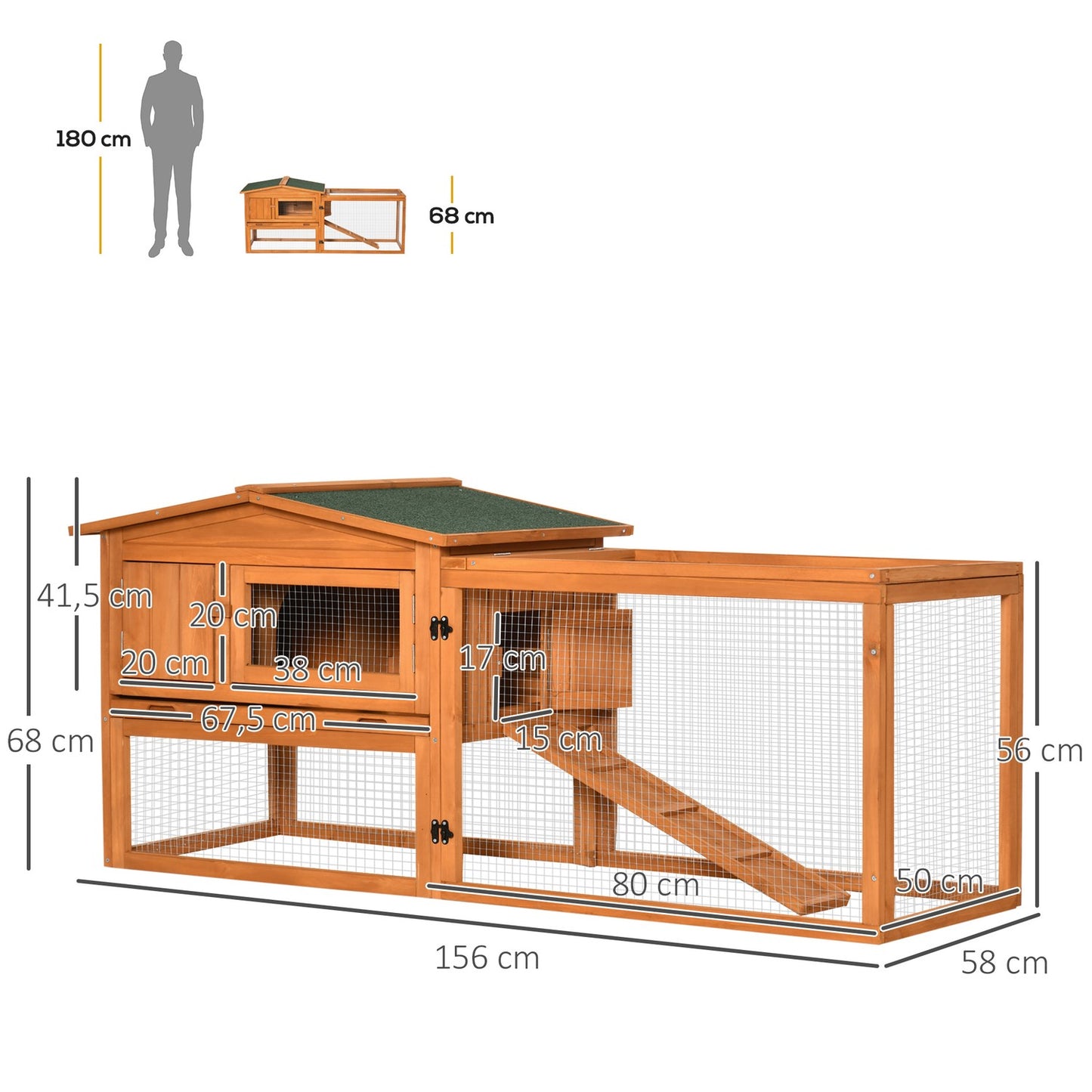 Small animal house, spruce wood, with roof & tray, 156x58x68 cm