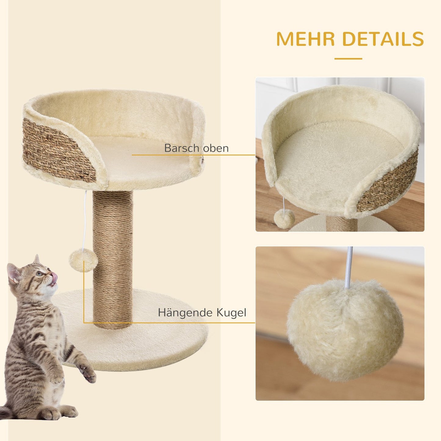 Cat scratching post with jute and play ball, 49 cm
