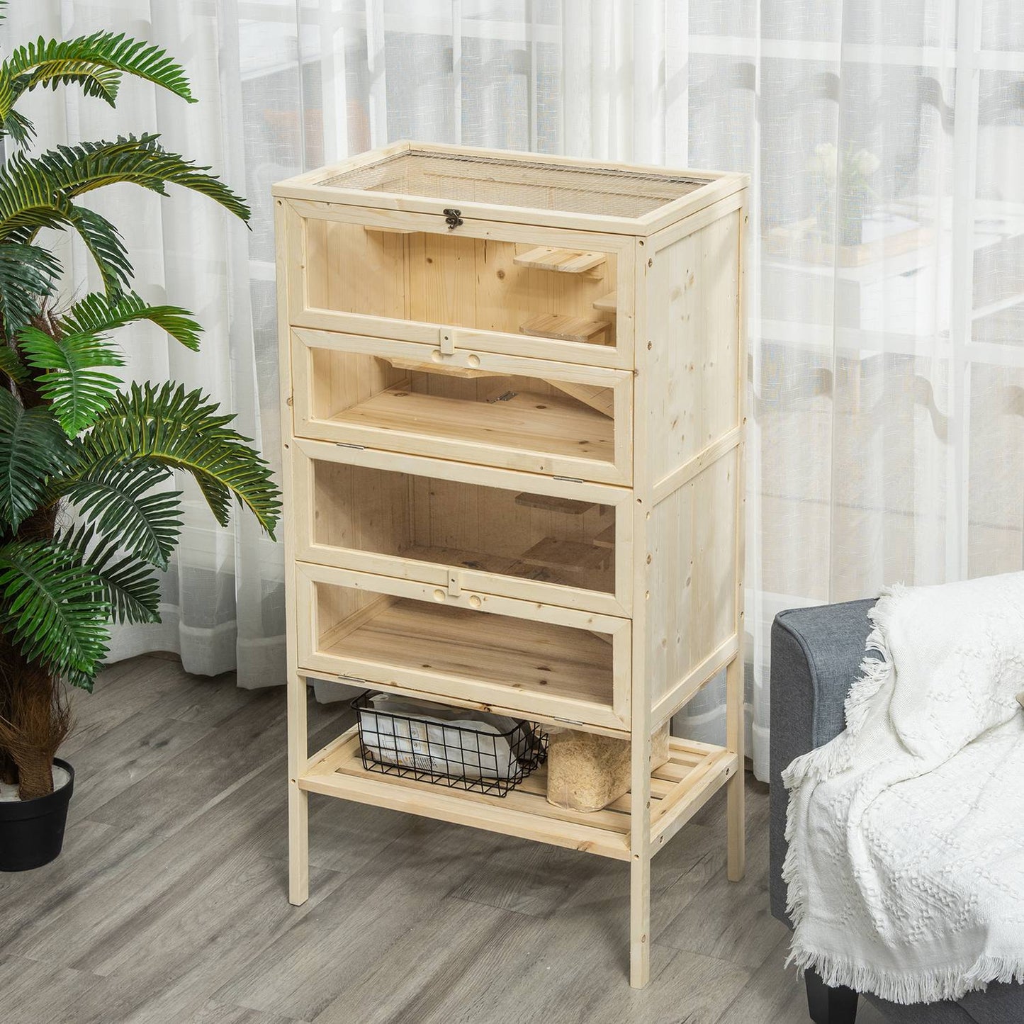 Small animal cage with mesh roof; 5-level Wood Hutch