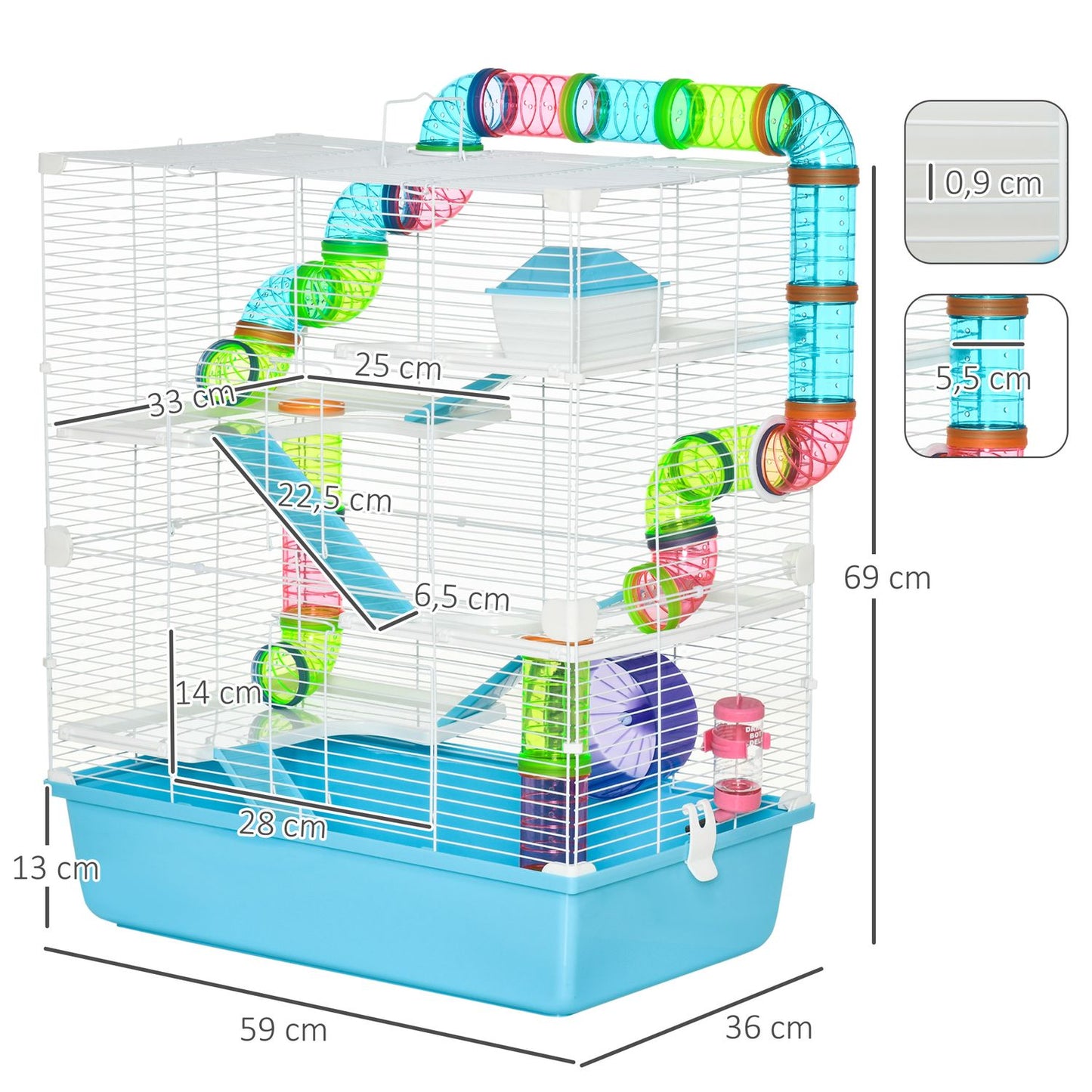 Small animal cage with ramp, running wheels, 59x36x69 cm