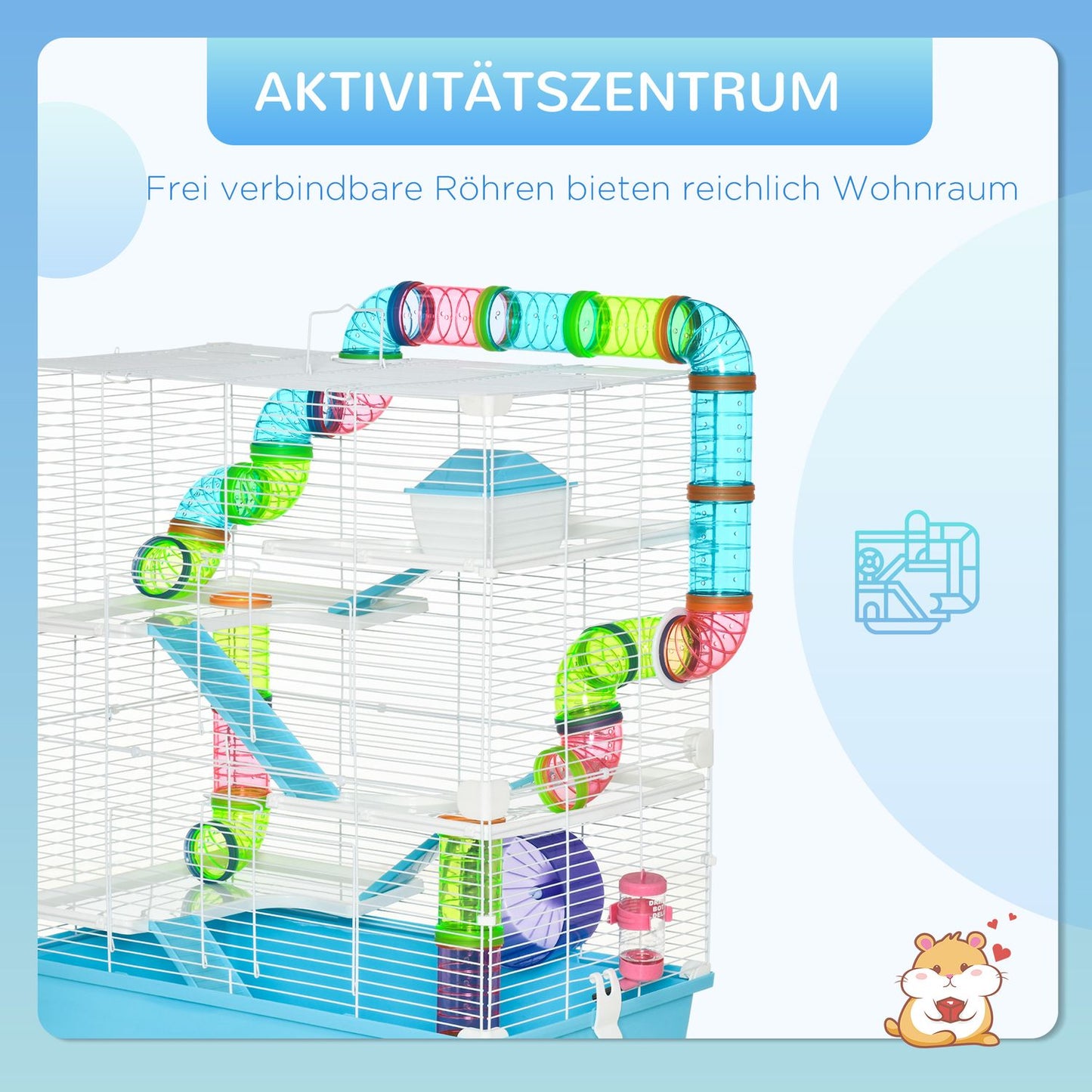 Small animal cage with ramp, running wheels, 59x36x69 cm