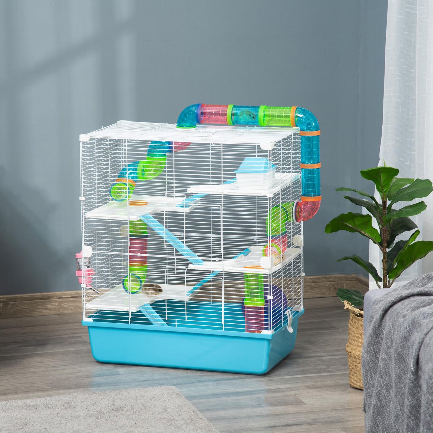 Small animal cage with ramp, running wheels, 59x36x69 cm