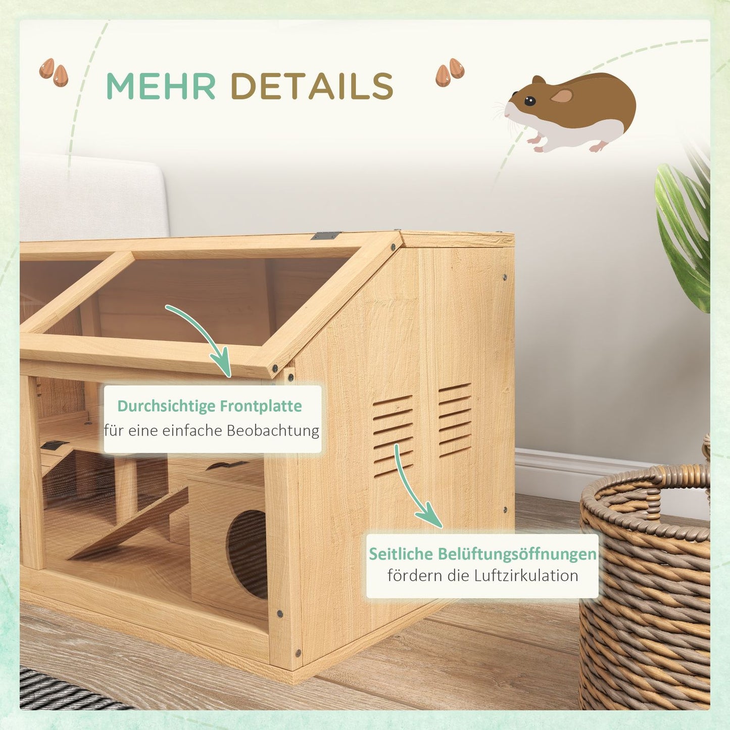 Wooden small animal cage with bridge, ladders, hut - 84x45x44 cm