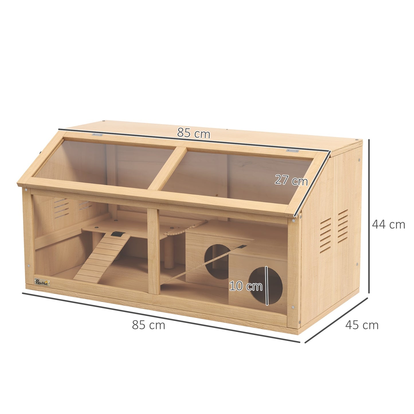 Wooden small animal cage with bridge, ladders, hut - 84x45x44 cm