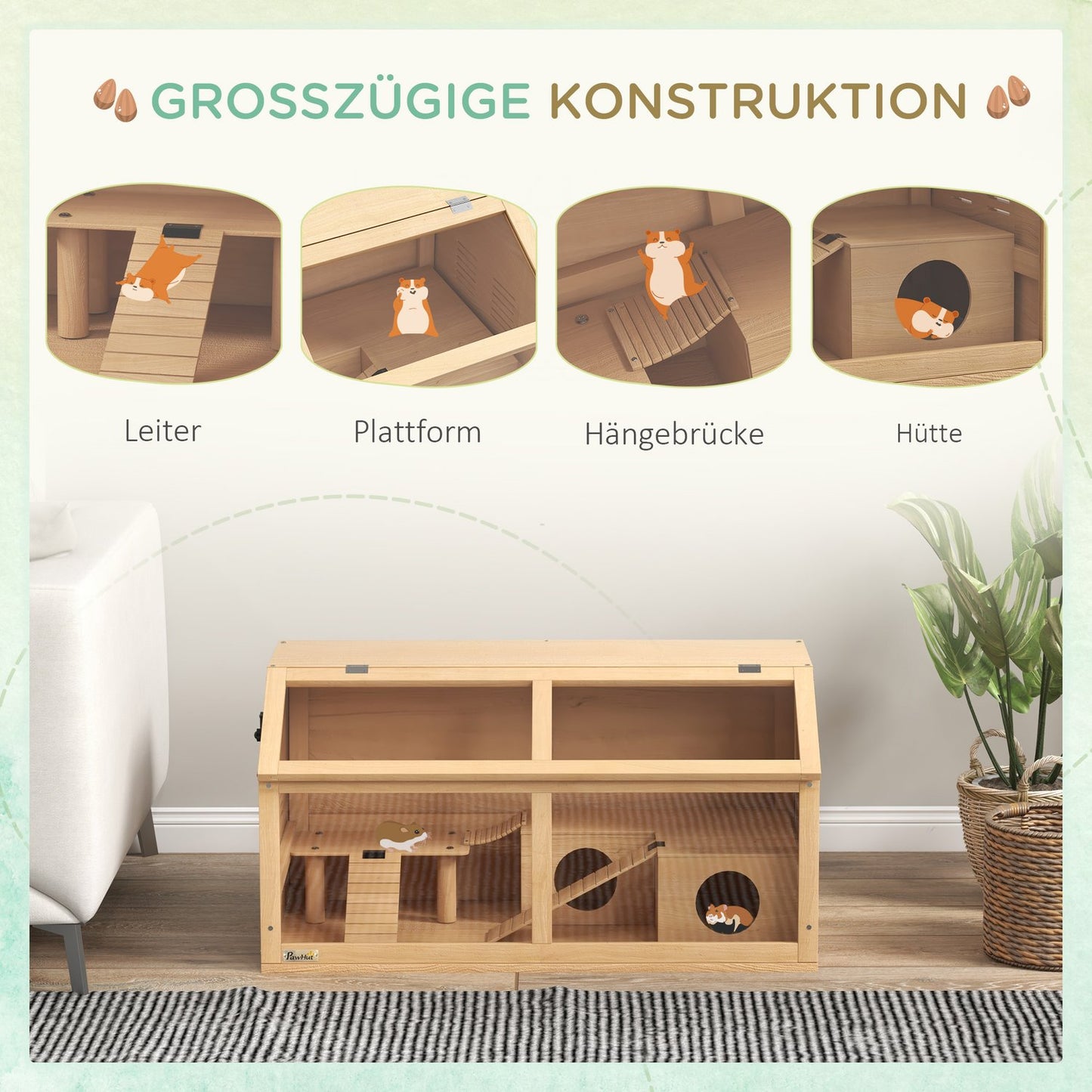 Wooden small animal cage with bridge, ladders, hut - 84x45x44 cm