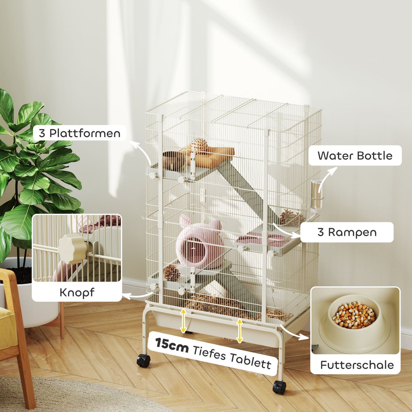Beige cage for small animals with accessories and pull-out tray