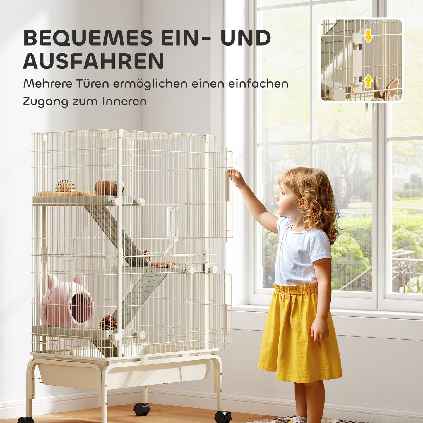 Beige cage for small animals with accessories and pull-out tray