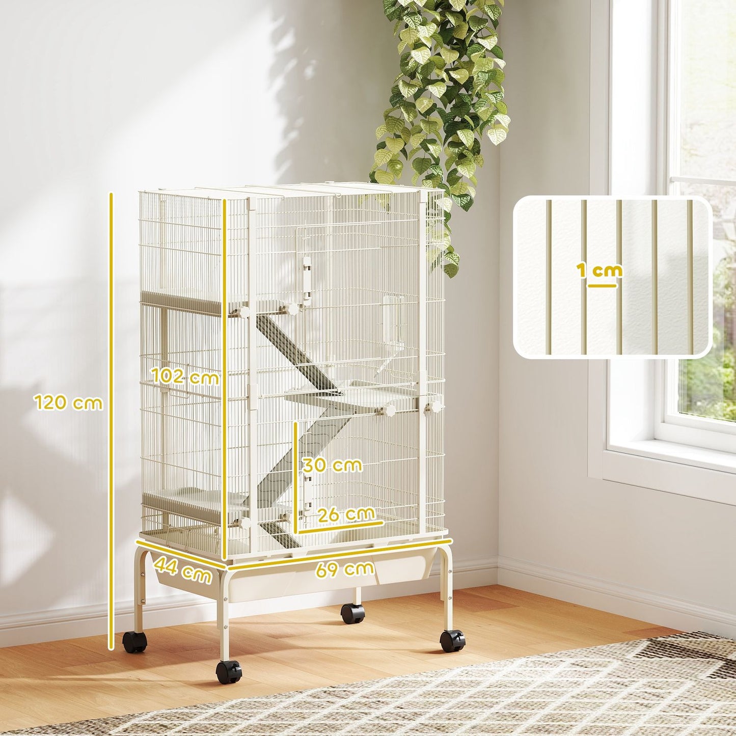 Beige cage for small animals with accessories and pull-out tray