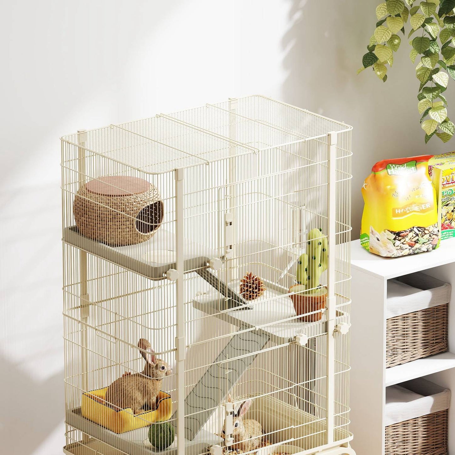Beige cage for small animals with accessories and pull-out tray