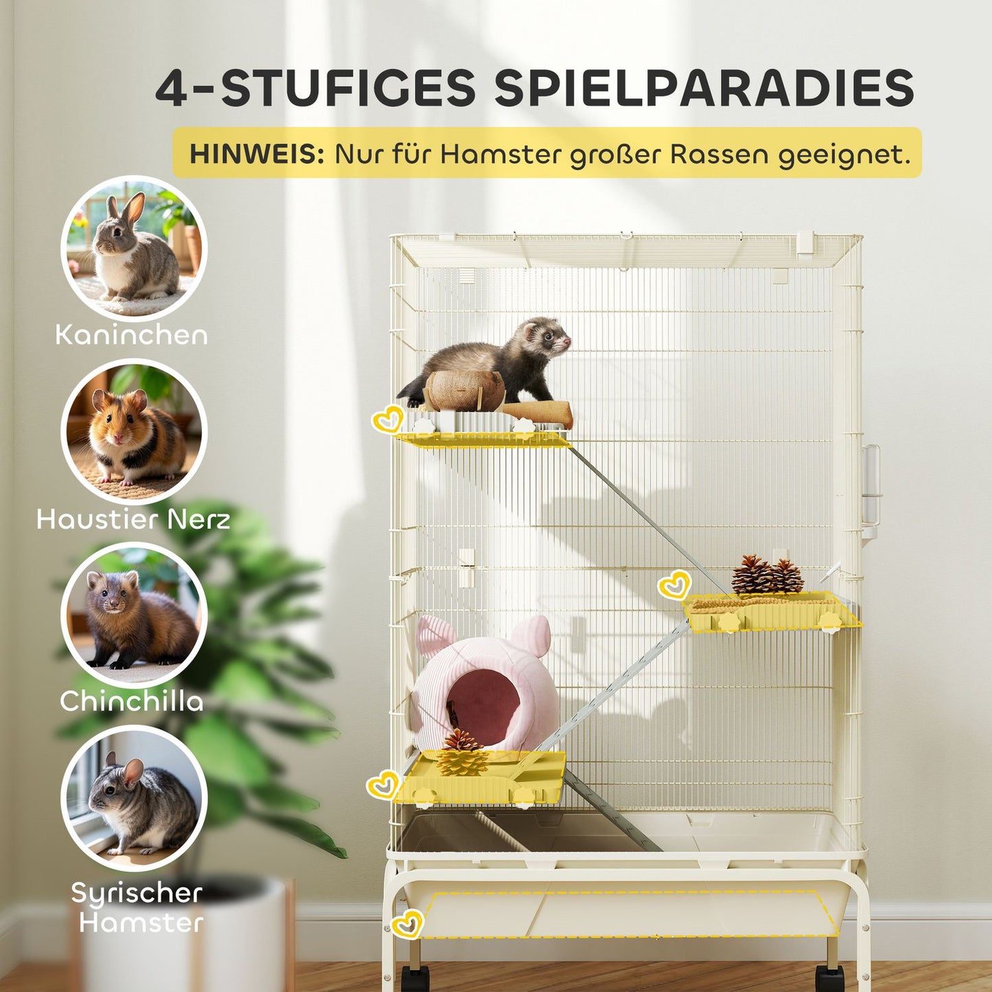 Beige cage for small animals with accessories and pull-out tray