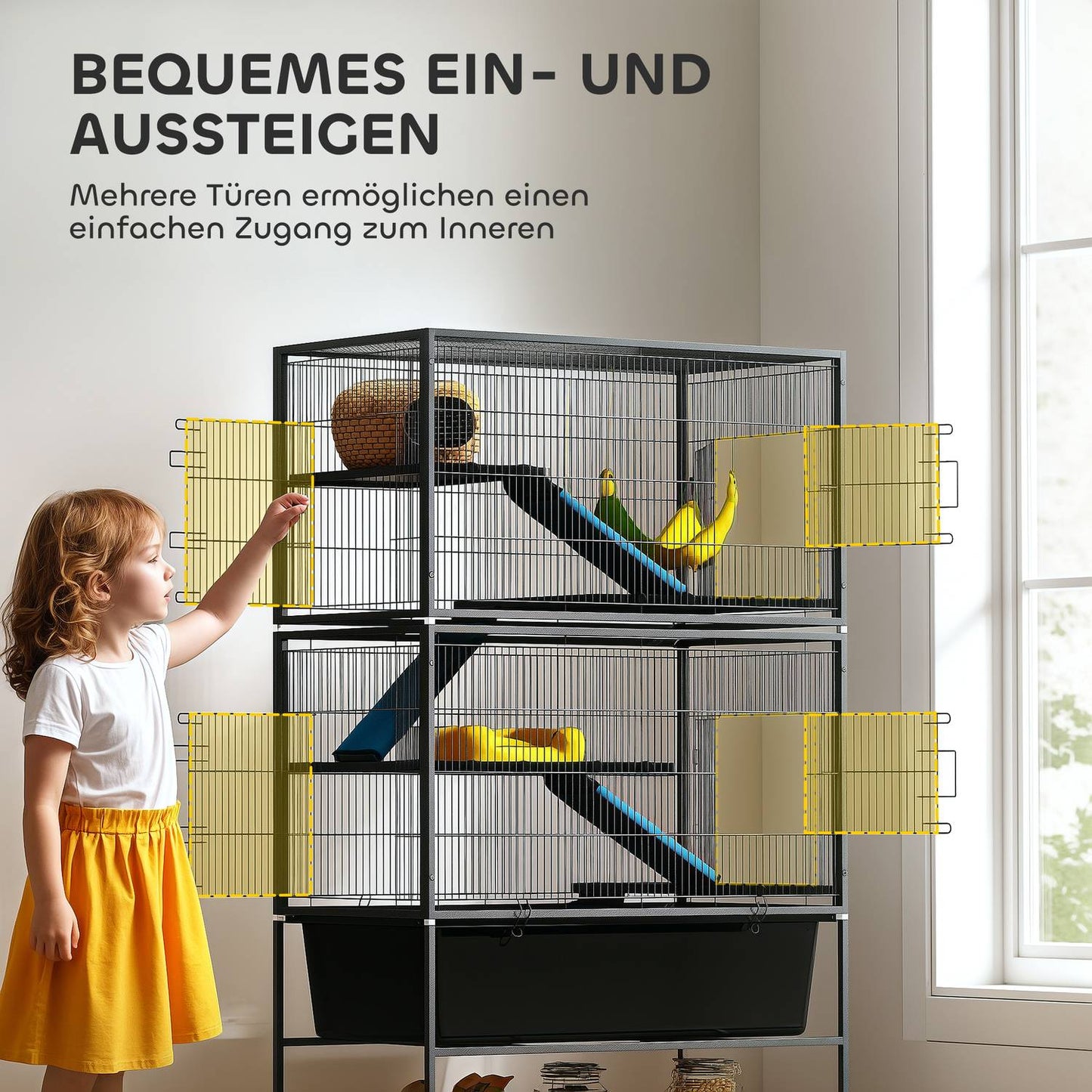Rodent cage with tray, ramps, hammock and wheels, gray