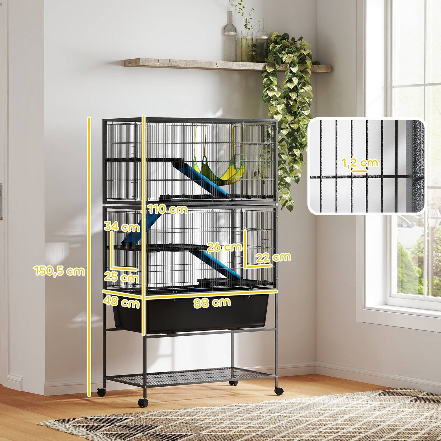 Rodent cage with tray, ramps, hammock and wheels, gray