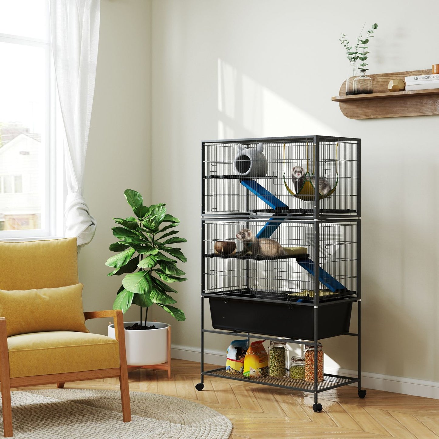 Rodent cage with tray, ramps, hammock and wheels, gray