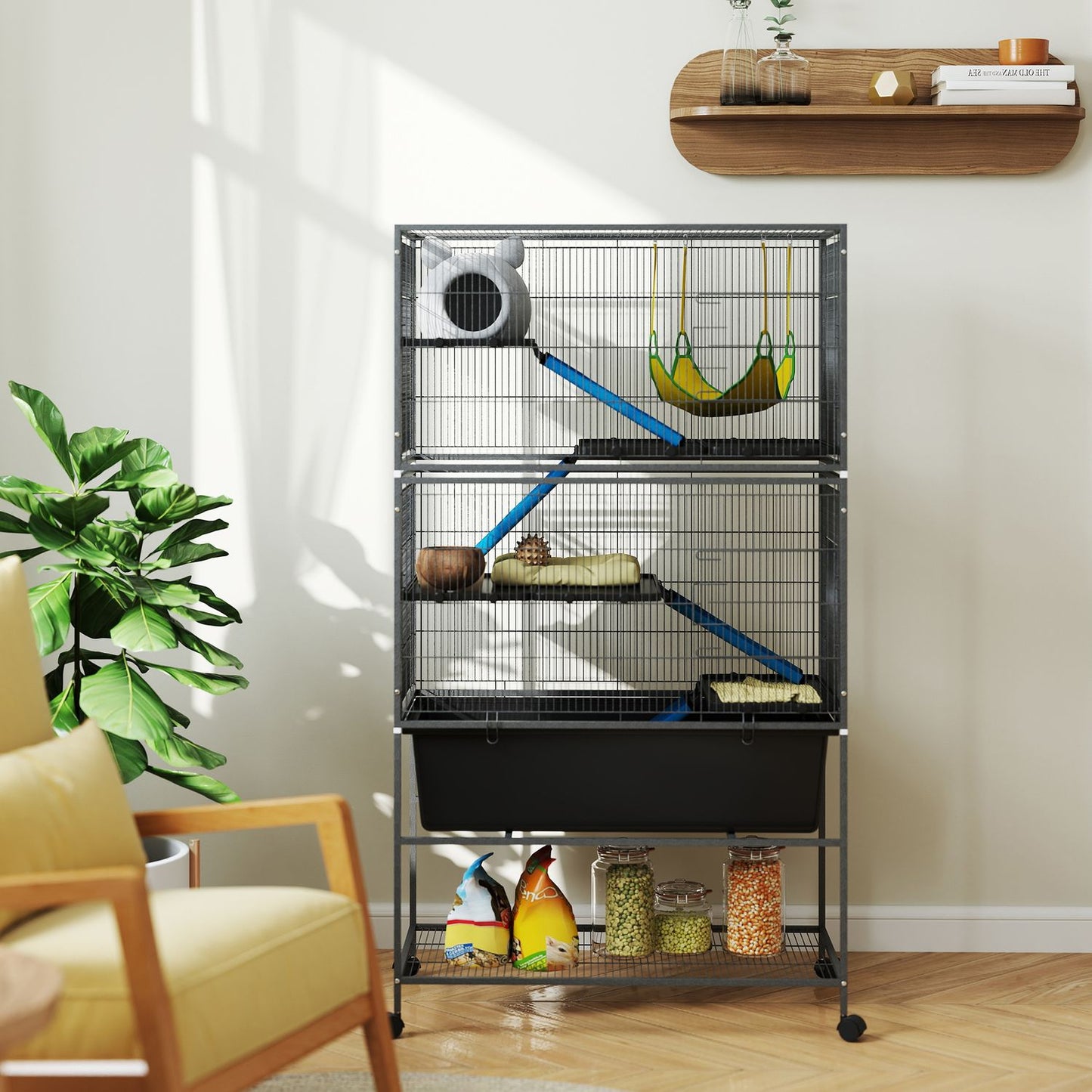 Rodent cage with tray, ramps, hammock and wheels, gray