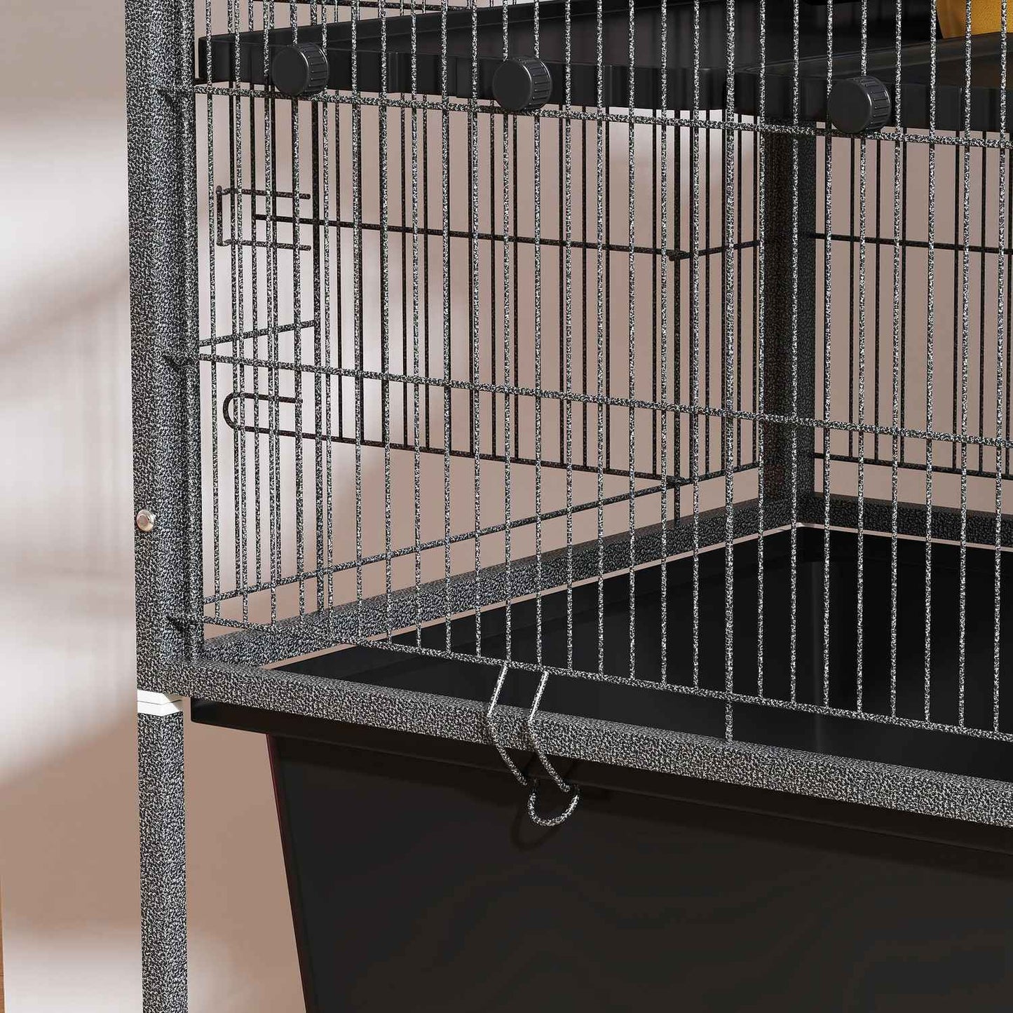 Rodent cage with tray, ramps, hammock and wheels, gray