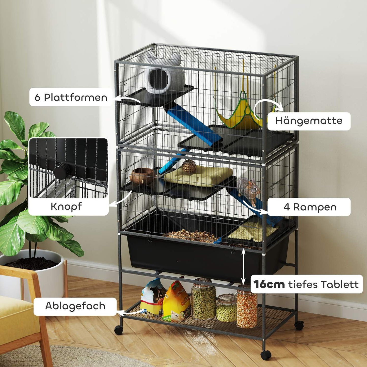 Rodent cage with tray, ramps, hammock and wheels, gray