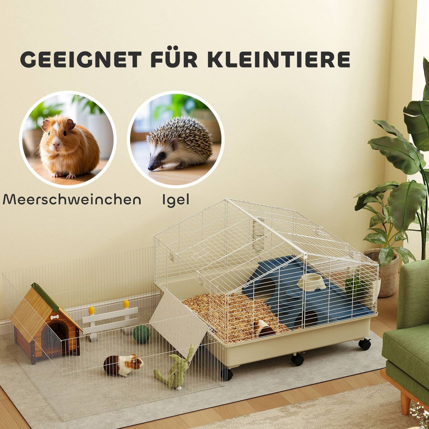 Small animal cage with playpen, wheels and accessories