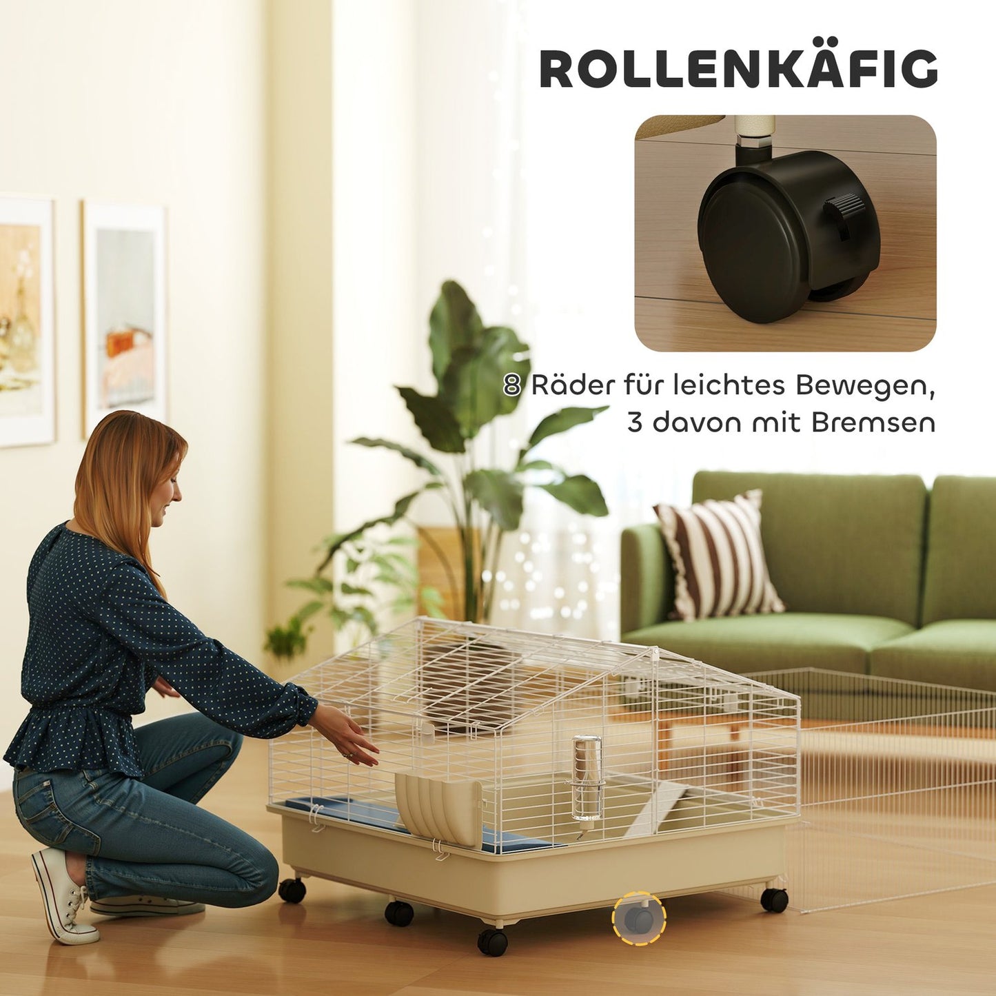 Small animal cage with playpen, wheels and accessories